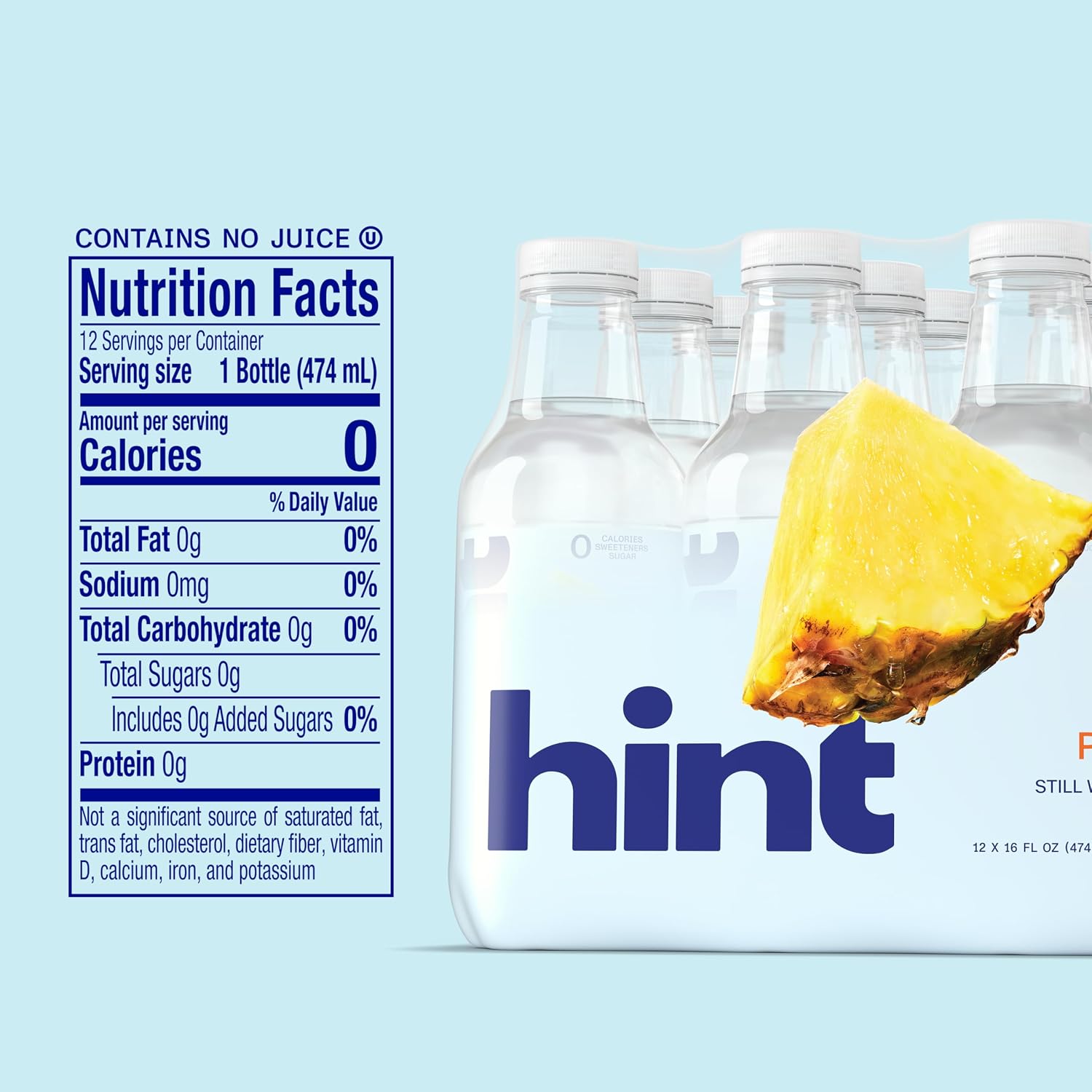 Hint Flavored Water Zero Sugar 0 Calories - Pineapple 16 FL Oz (12 pack) | Crisp, refreshing water, fruit flavors. 0 calories, 0 sugar, 0 sweeteners. Hydration for wellness. Gluten-free, Kosher, Vegan