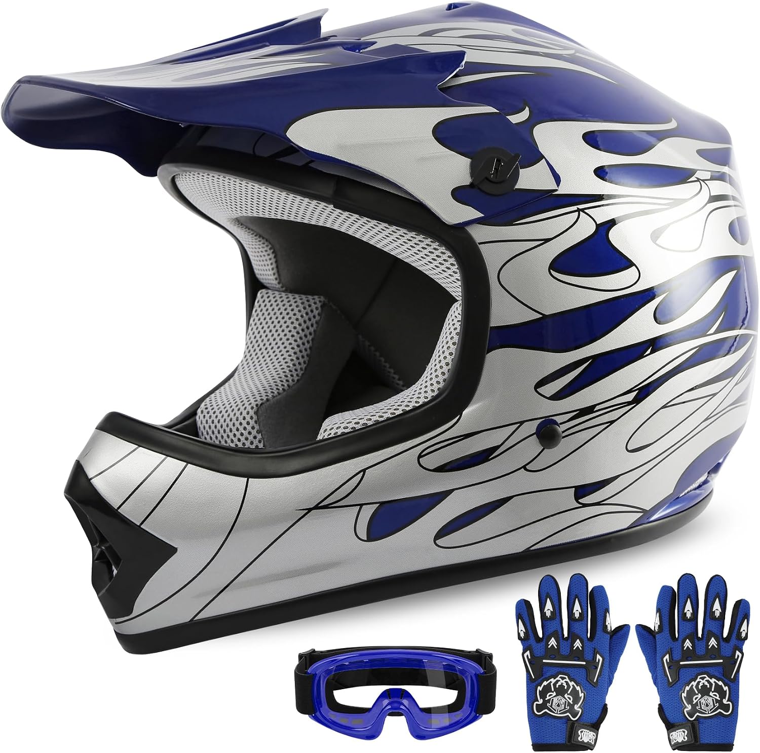 Kids Dirt Bike Helmet Youth Motorcycle Helmet DOT-Certified Full Face Helmets for Motocross ATV Off-Road Street Bike with Goggles & Gloves, Blue Flame Medium | Motorcycle Riding Gear included Goggles & Gloves, Ultra-Lightweight, For ATV UTV Off-Road, Blu…