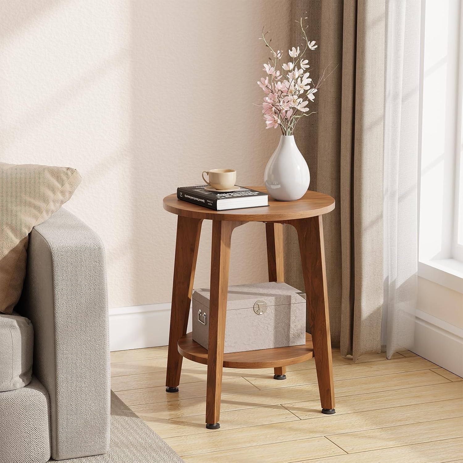 Simple Trending Round Side Table, Small End Table, Nightstand Bedside Table with Tapered Legs, for Living Room, Rustic Walnut