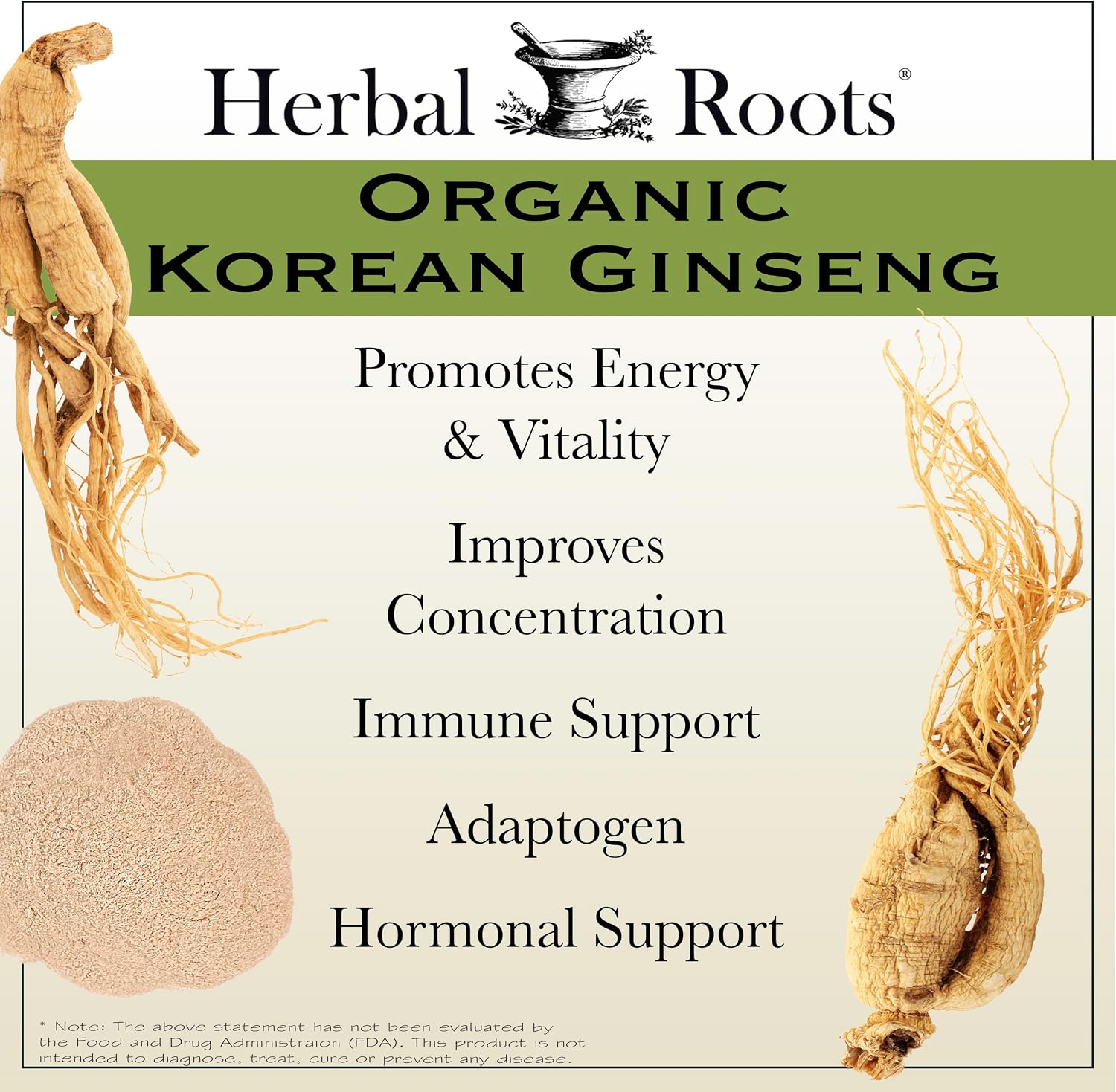Herbal Roots Panax Ginseng | Organic Korean Ginseng Root Powder | 1000mg | High Ginsenosides for Energy & Performance | 60 Vegan Capsules