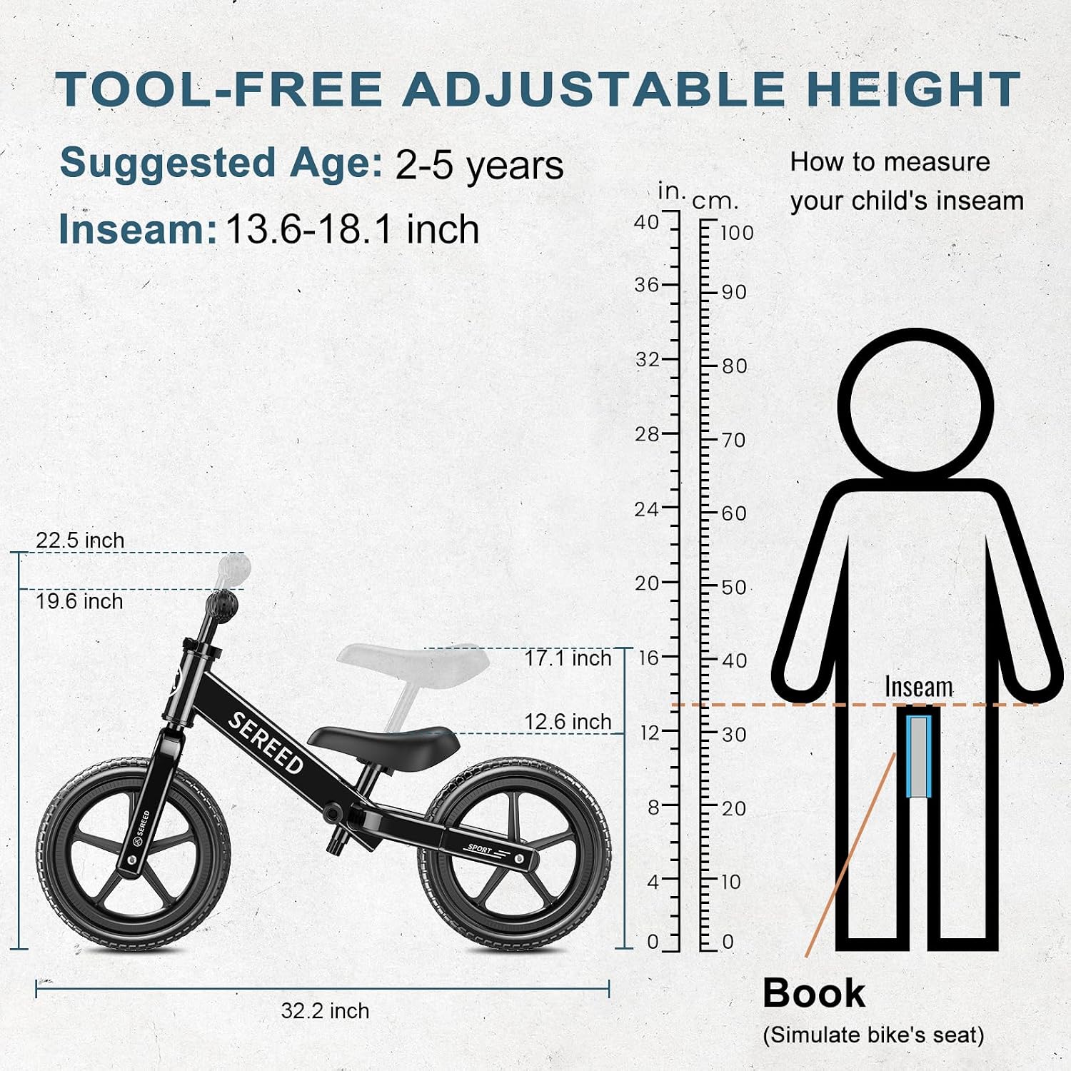 SEREED Toddler Balance Bike 2 Year Old, Gift for 2-3 Boys Girls, Adjustable | No Pedal Kids Toy Bike for 2-5 Years Old, Customize Plate with 3pcs Stickers (White)