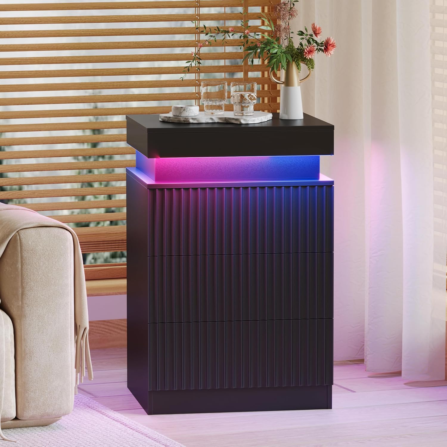 Fluted Nightstand with Charging Station and LED Light, Bedside Table with Sliding Top, USB Ports and AC Outlets, 3 Drawer Storage Cabinet