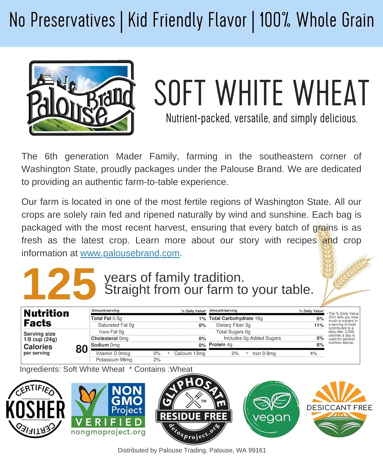 Palouse Brand Certified Glyphosate Residue Free Hard White Wheat Berries | 5 LBS | Non-GMO Project Verified | Kosher