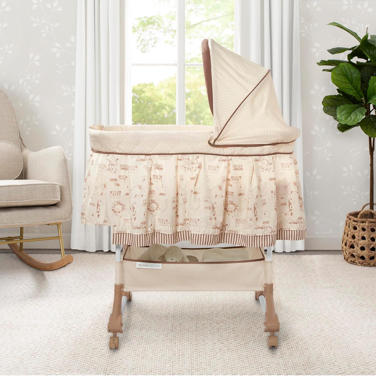 Delta Children Portable Rocking Bassinet for Newborns Bedside Sleeper Crib with Gentle Vibrations, Nightlight, Soothing Music, Adjustable Canopy