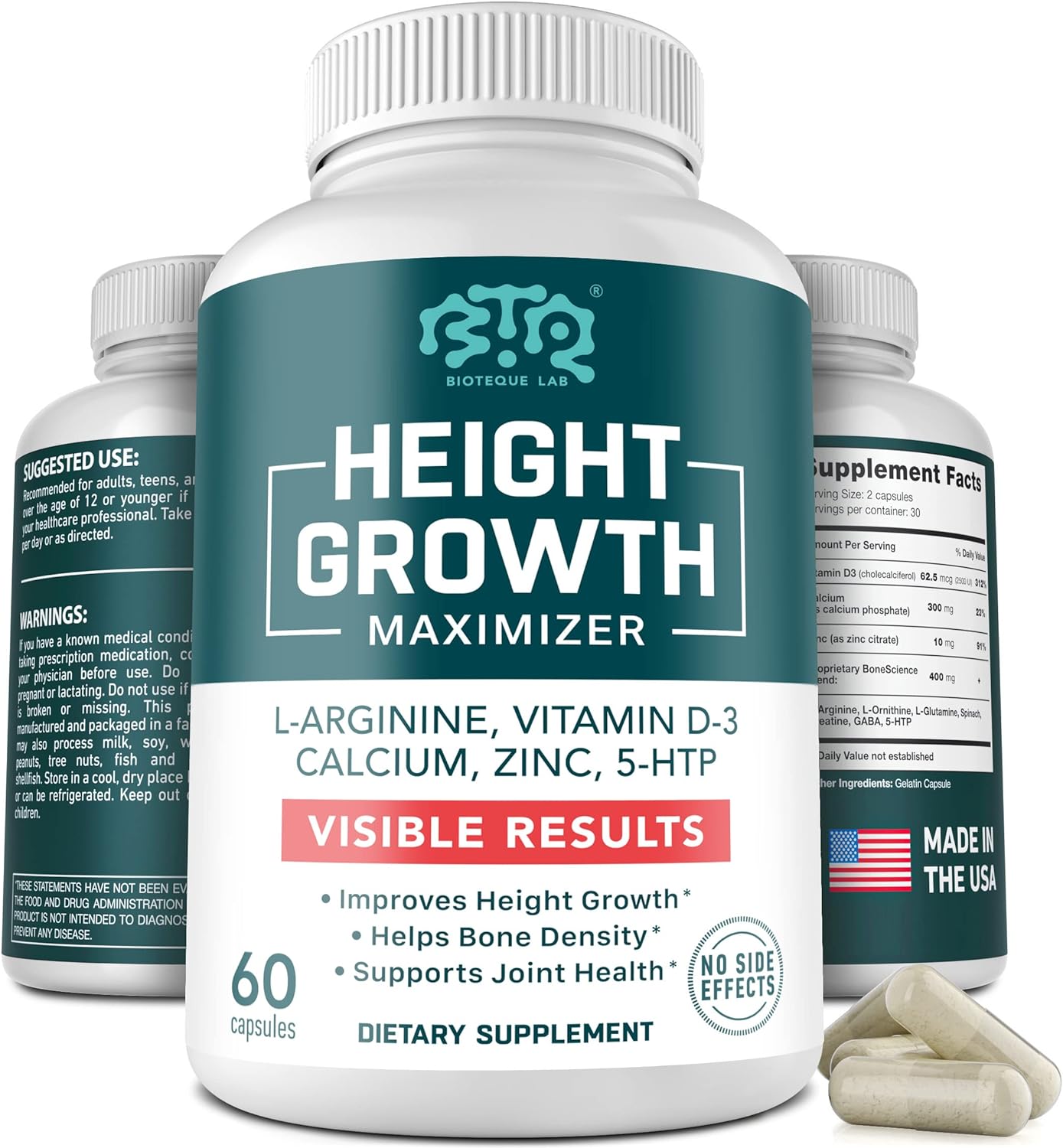 BIOTEQUELAB Height Growth Maximizer, Calcium, Vitamin D3 and Zinc Blend Pills, Bone Growth Supplement for Kids and Teens, Bone Strength