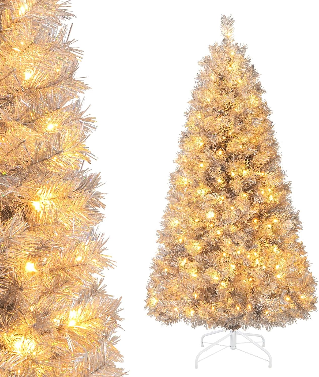 Goplus 7.5ft Pre-Lit Artificial Christmas Tree, Premium PVC Snow Flocked Hinged Pine Tree with Metal Stand and LED Lights