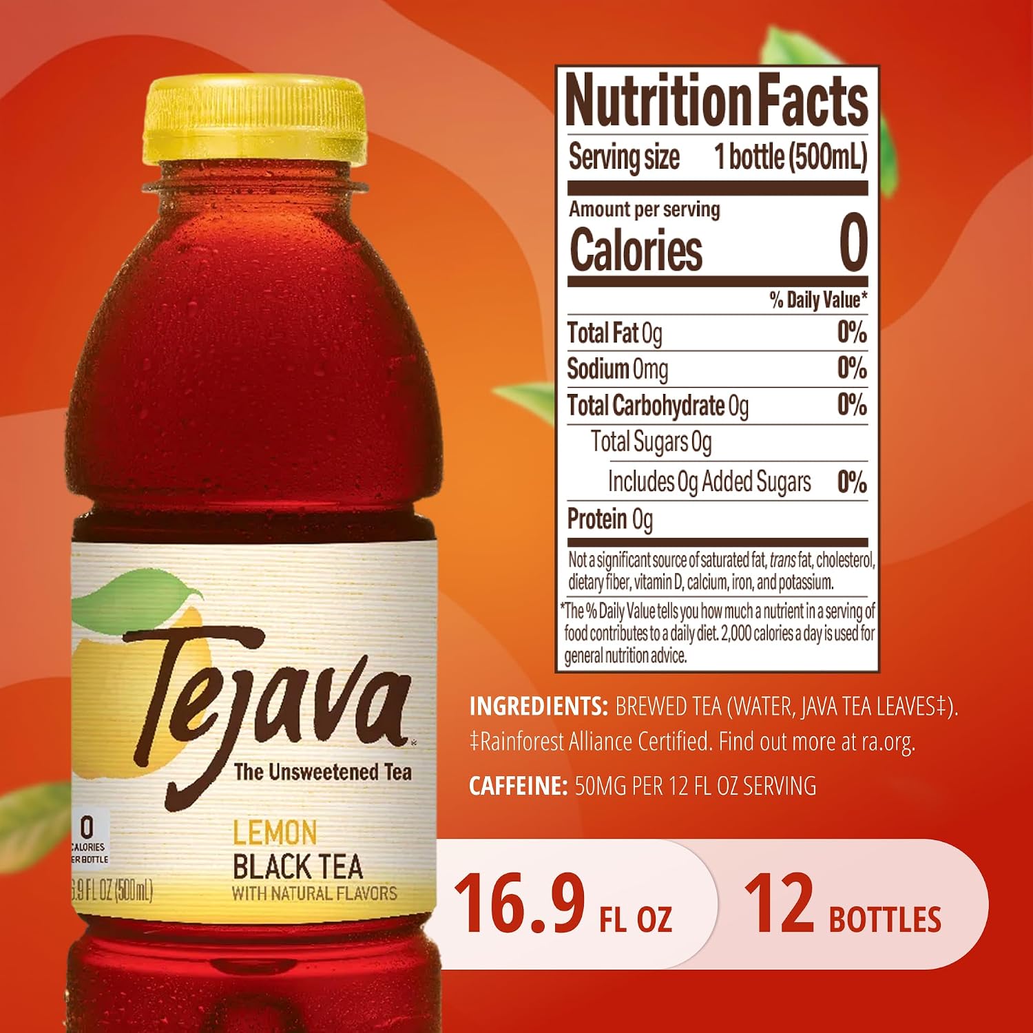 Tejava Pineapple Mango Unsweetened Black Iced Tea, 16.9 fl oz, Pack of 12