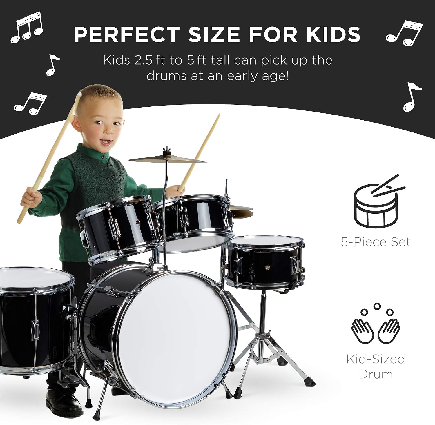 Best Choice Products Kids 5-Piece Beginner Drum Set Junior Kit, Starter Percussion w/Cymbals, Pedal, Drumsticks, Stool, Toms, Snare, Hi Hat - Black