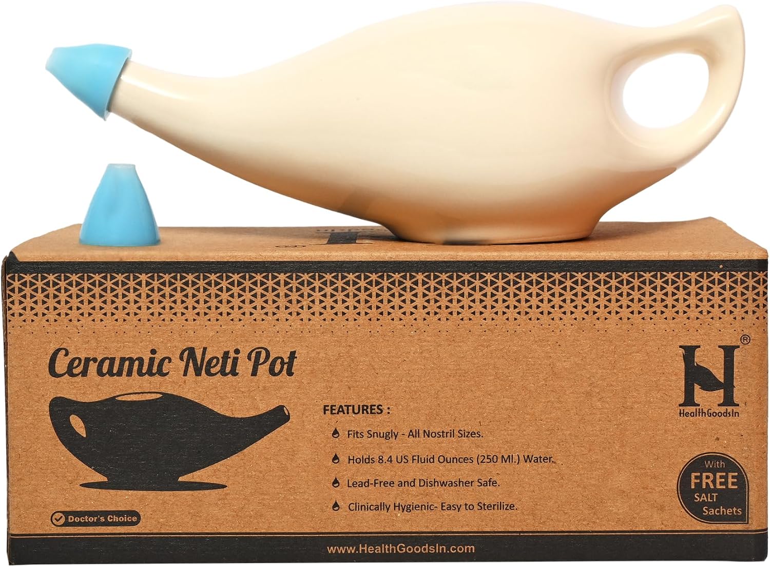 HealthGoodsIn Ceramic Neti Pot, Dishwasher Safe, Premium Handcrafted with 2 Silicone Nozzle and Salt for Sinus - 225 Ml. Capacity (Brown)