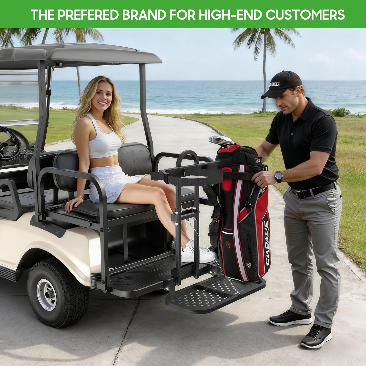 10L0L Universal Foldable Golf Cart Rear Seat Bag Holder - No-Drill Bag Rack for Yamaha EZGO Club Car, Fits Safety Grip Bar up to 8" Wide