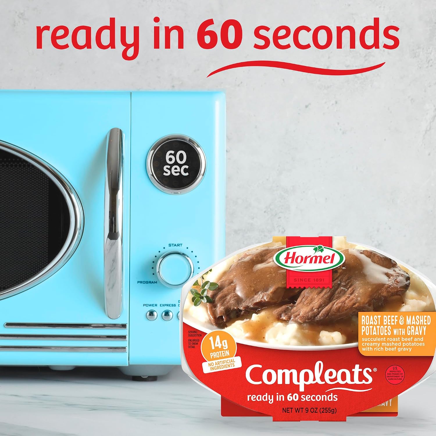 HORMEL COMPLEATS Tender Beef With Mashed Potatoes & Gravy Microwave Tray, 9 oz. (6 Pack) | Heat and Eat, Microwave Meals, Prepared Foods