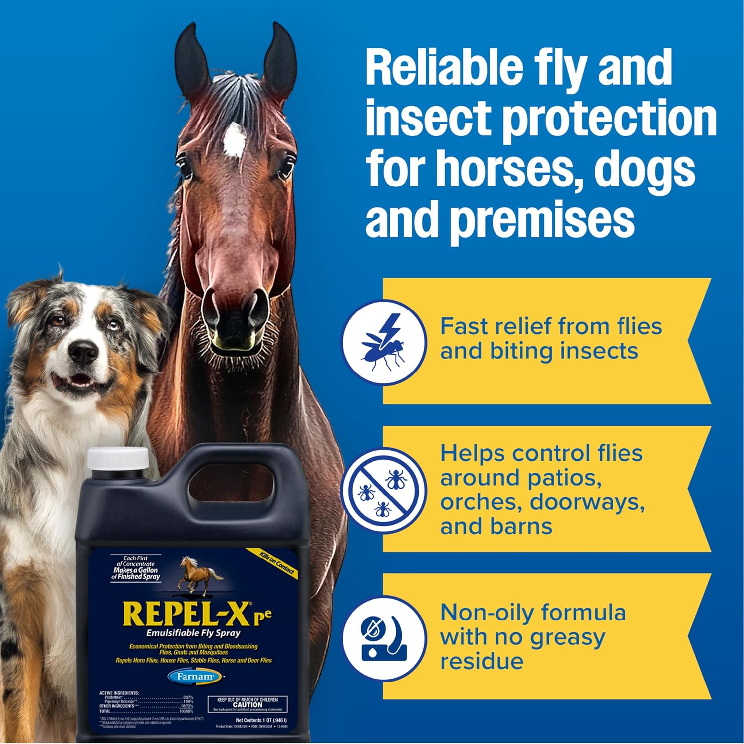 Farnam Repel-X pe Fly Spray Concentrate for Horses & Dogs, 16 oz | Makes 4 Quarts,Repels barn flies, gnats, mosquitoes, ticks, and lice as a concentrated that mixes with water