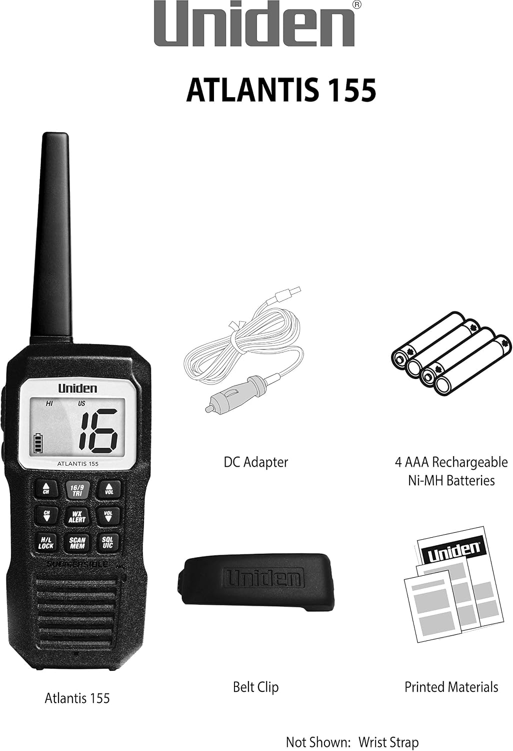 Uniden Atlantis 155 Handheld Two-Way VHF Marine Radio, Floating IPX8 Submersible Waterproof, Dual-Color Screen