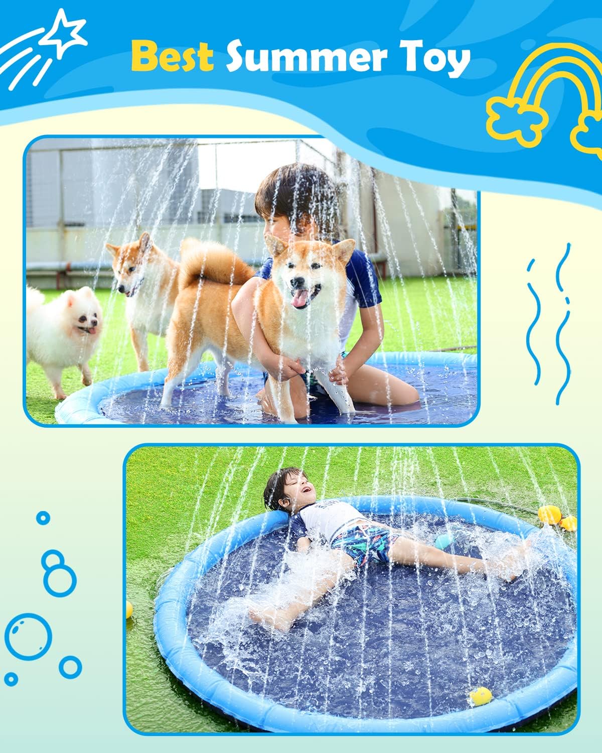 Peteast Dog Pool, Anti-Slip Splash Pad for Dogs, 67 in, Blue