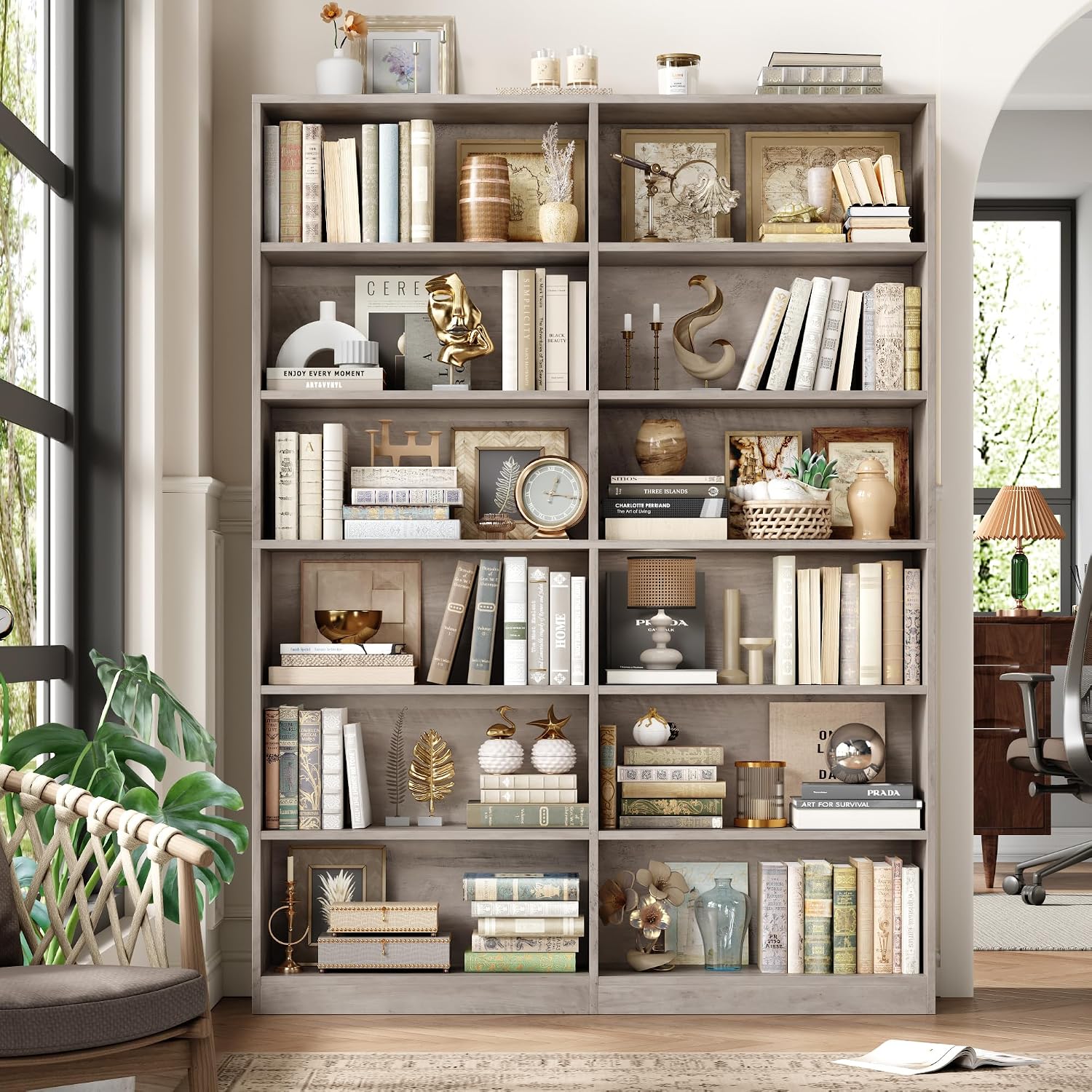 Bookshelf Tall Bookcase, 6-Tier Double Wide Bookshelves, White | Freestanding Display Storage Shelves, Tall and Large Book Shelves for Home Decor Bedroom, Living Room, Home Office, Library