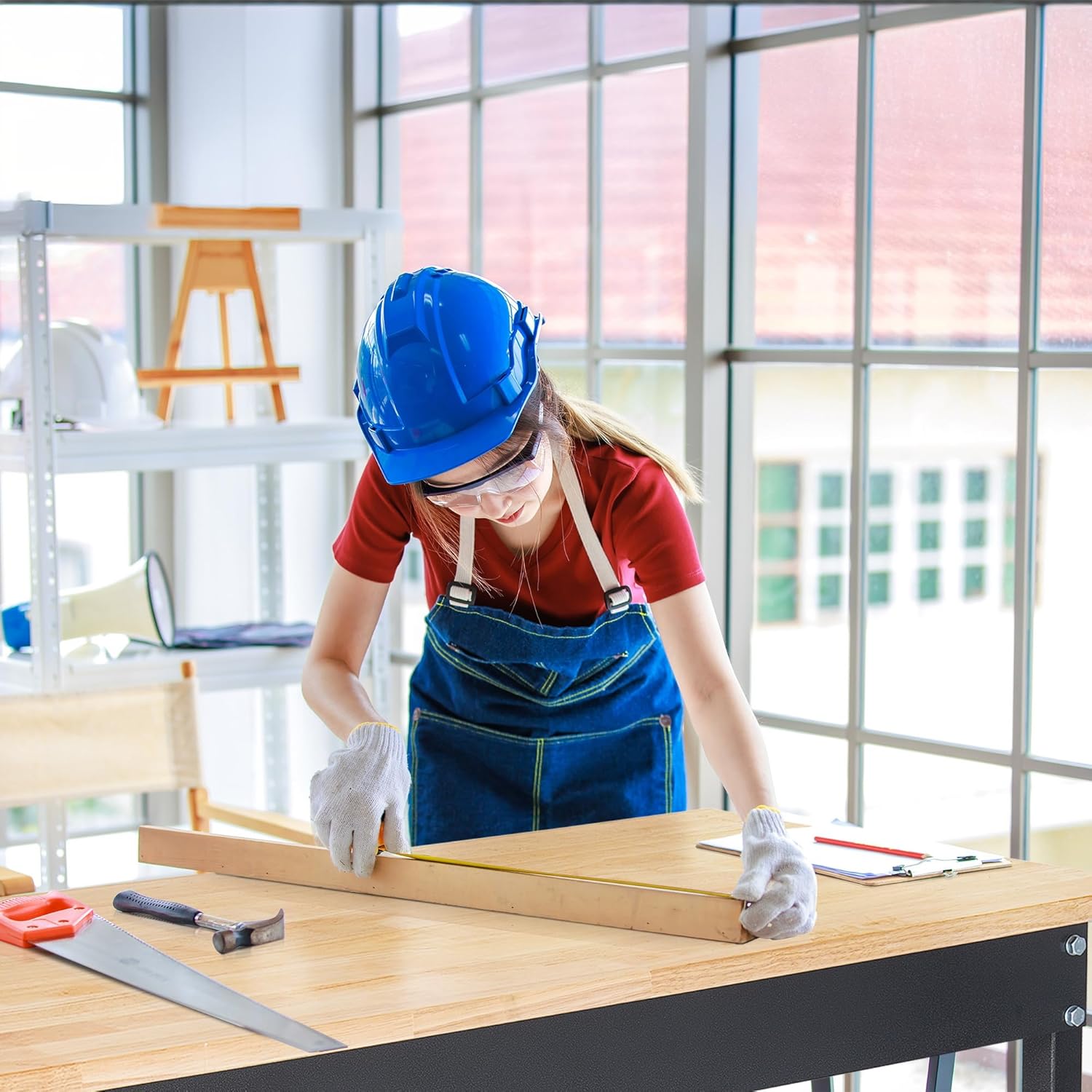 60" Adjustable Work Bench, Rubber Wood Top Workbench | Heavy-Duty Work Table with Power Outlet and Wheels