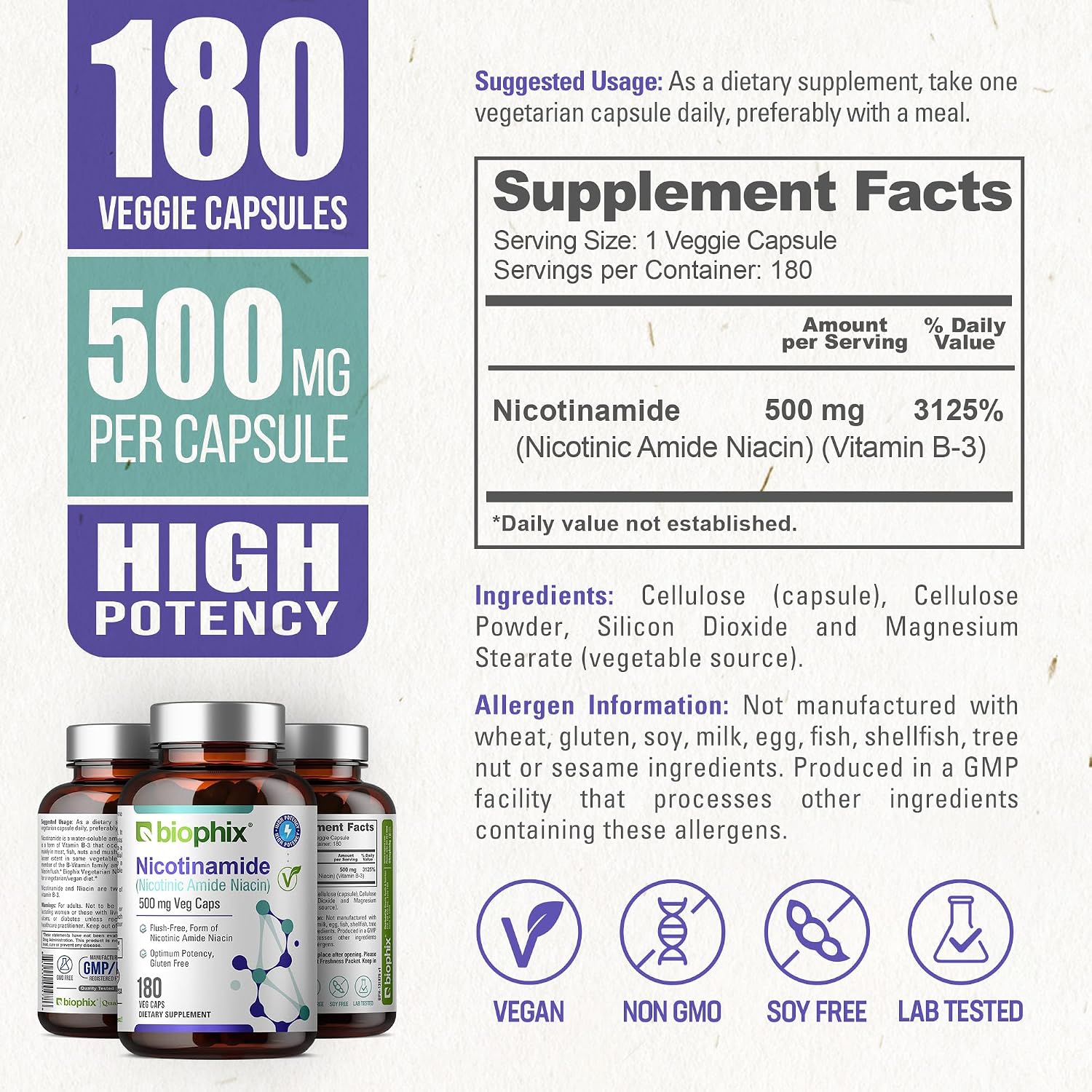 biophix B-3 Nicotinamide 500 mg 180 Vcaps - Nicotinic Amide Niacin Natural Flush-Free Vitamin Formula - Supports Skin Cell Health