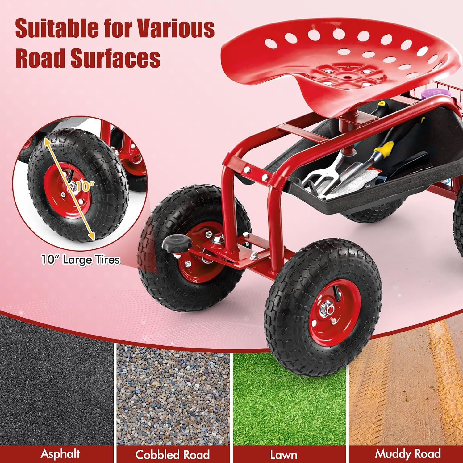 Goplus Rolling Garden Cart with Seat, Outdoor Garden Stool with Wheels, Tool Tray & Basket, Adjustable Steering Handle