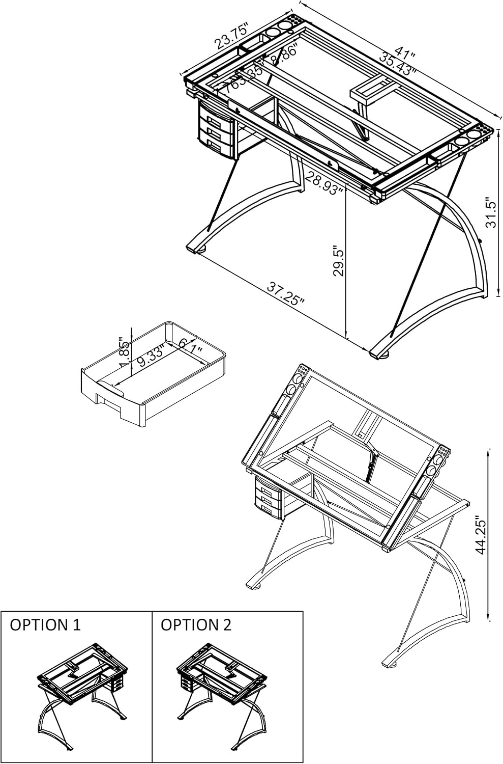 Coaster Home Furnishings - Melo - Metal and Glass - 41-Inch Drafting Table with Adjustable Pitch, Three Drawers