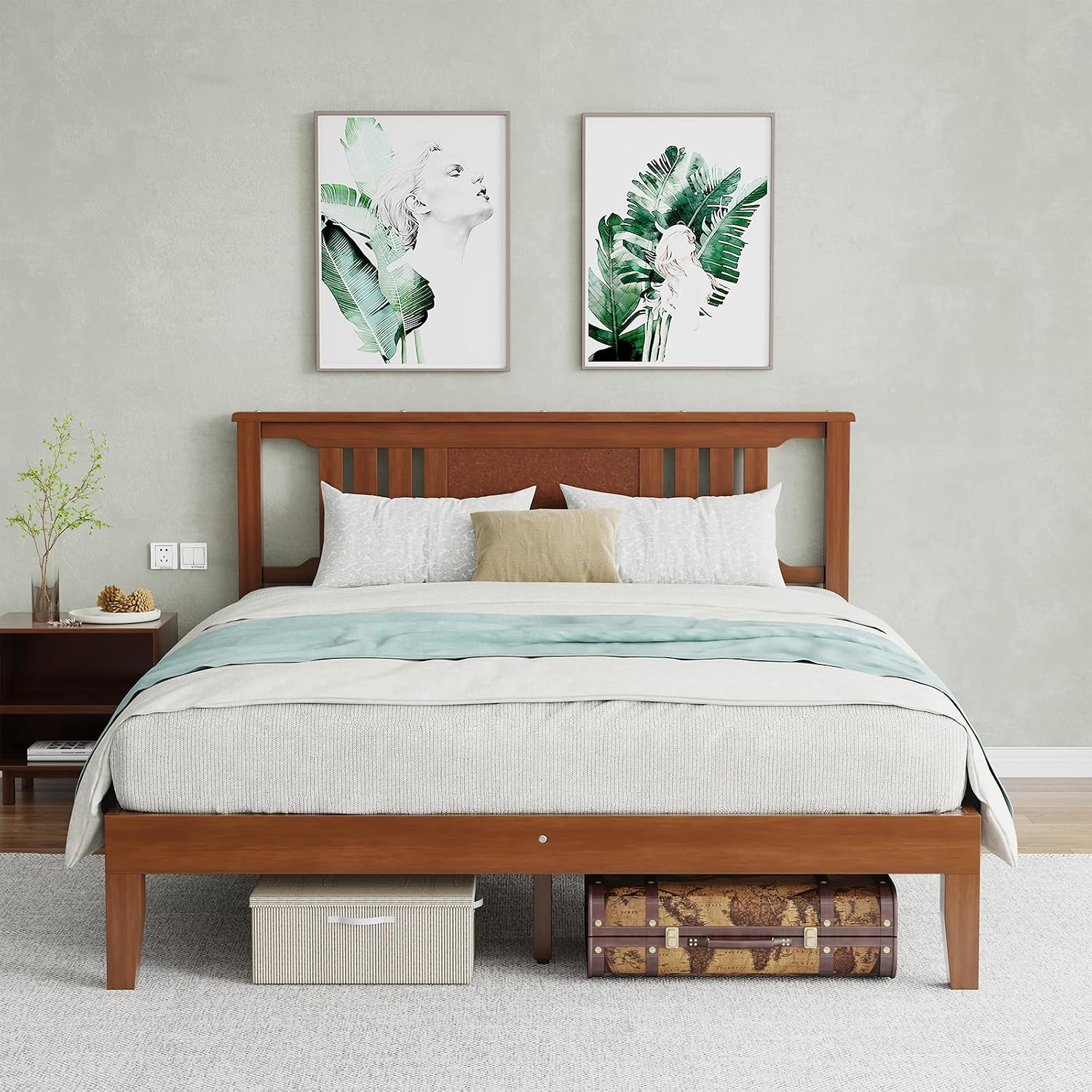 Solid Wood Bed Frame, Queen Size Platform Bed Frame with Headboard, Sturdy Wood Slat Support, Heavy Duty, No Box Spring Needed, Noise-Free, Easy Assembly