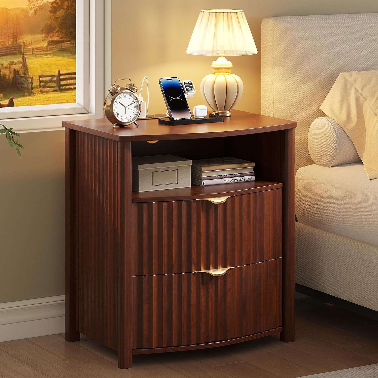 Dystler Fluted LED Night Stand with Hidden Gun Drawer & Charging | 19.7" W Curved Smart Bedside Table, 3-Color LED lights, 2 Drawers, Nightstand with Card-Lock, End Table for Bedroom, Walnut