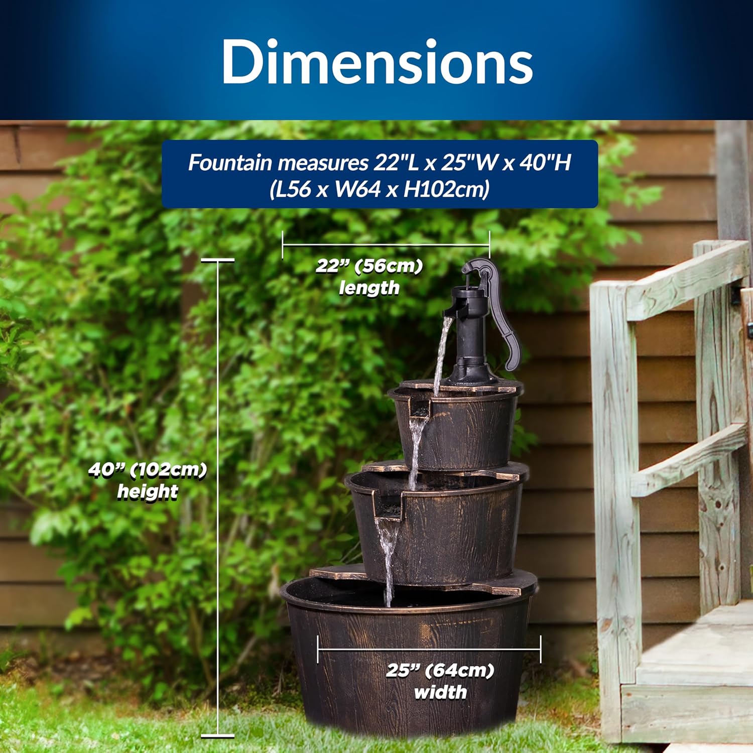 Alpine Corporation 40" Tall Outdoor Floor Tiered Rustic Pump and Barrel Water Fountain, Old-Fashioned Waterfall for Garden, Patio, Yard Decor