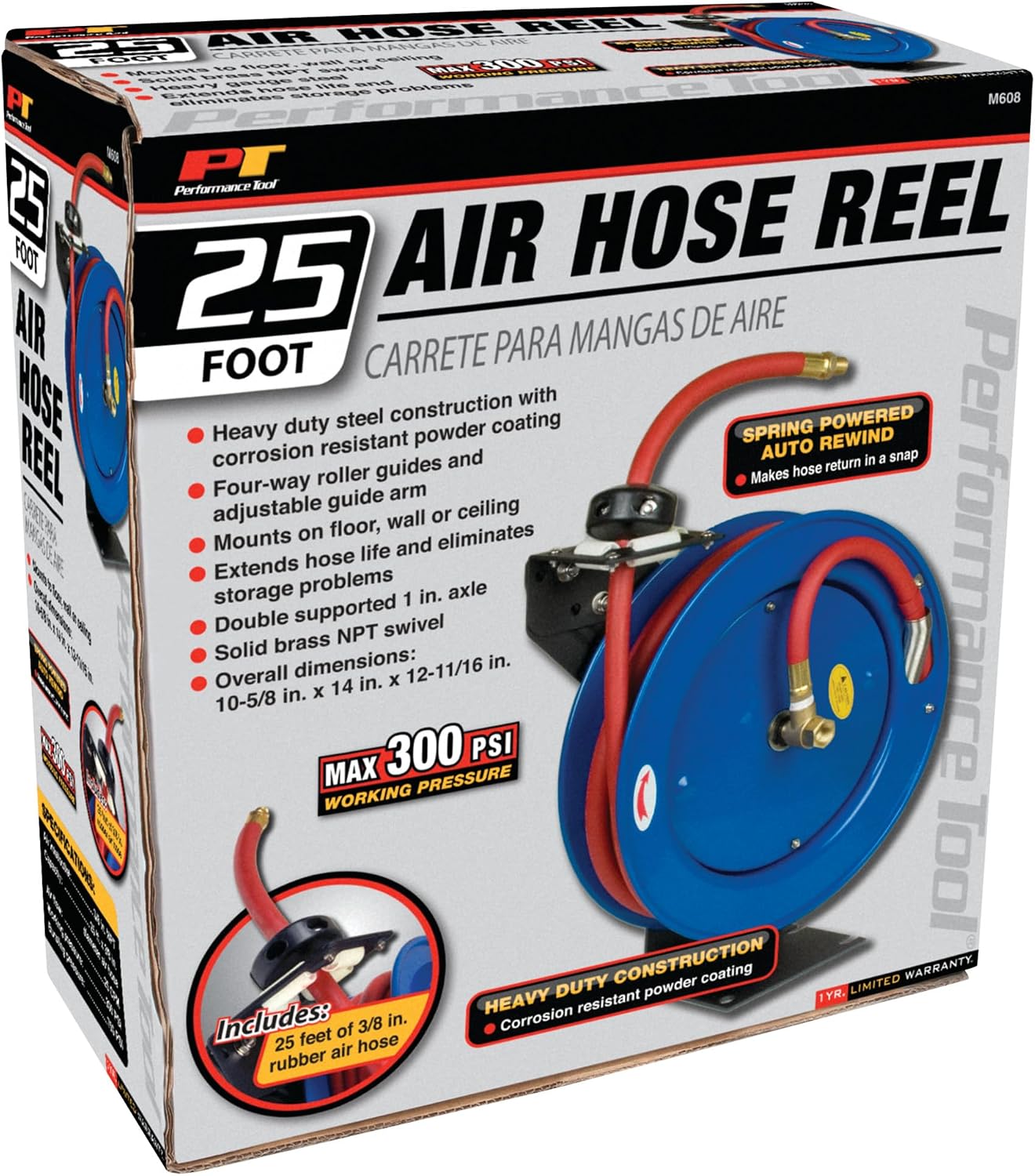 Performance Tool M635 50 ft. 18-Gauge Steel Air Hose Reel | Durable powder coated finish. Holds up to 50-ft of 3/8-in compressor hose (not included). 3/8-in female NPT swivel. Reel only