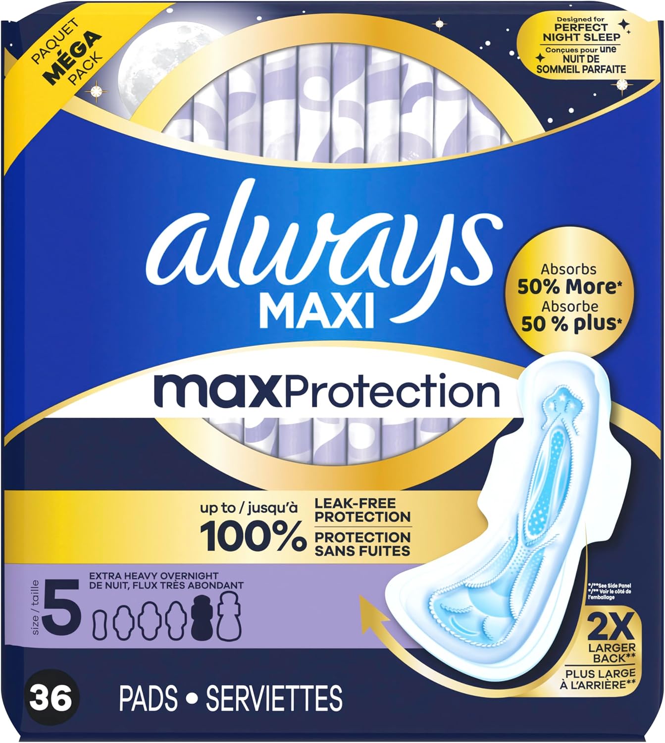 Always Maxi Overnight Pads with Wings for Women, Size 5, Extra Heavy Overnight Absorbency, Unscented, 36 Count