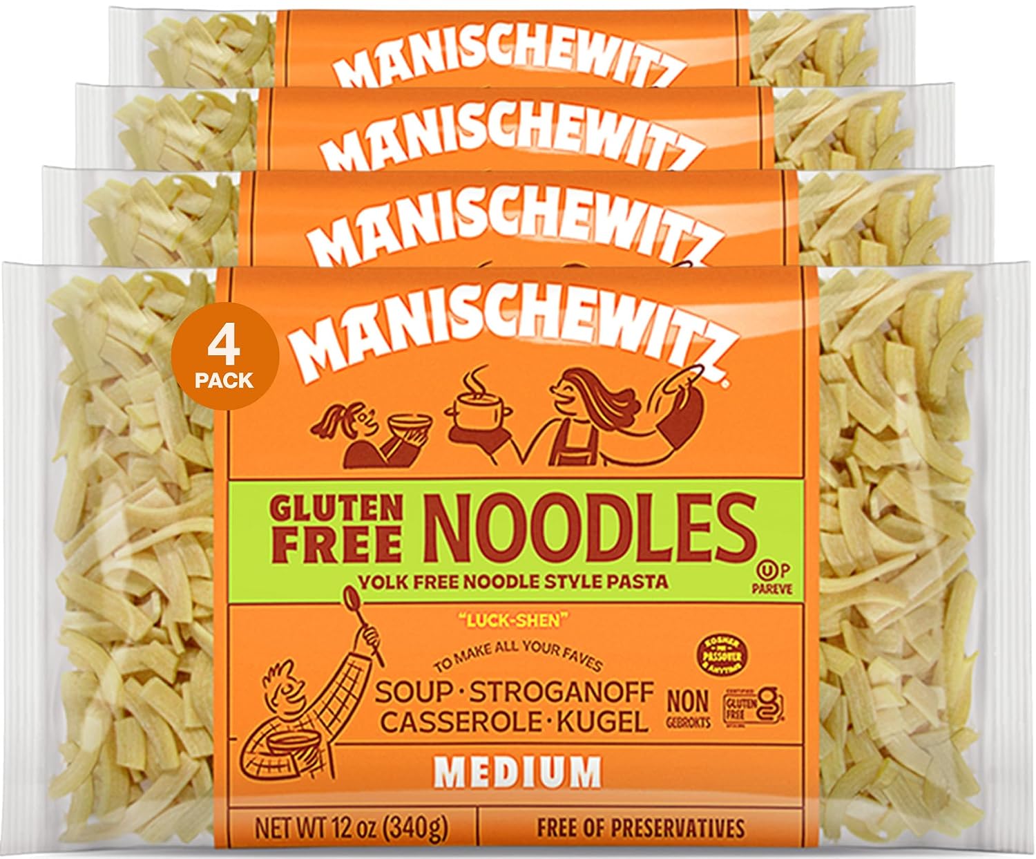 Manischewitz Gluten Free Egg Noodles | Medium | Yolk Free |12-Ounce (Pack of 4) | Certified Kosher (Including Passover)
