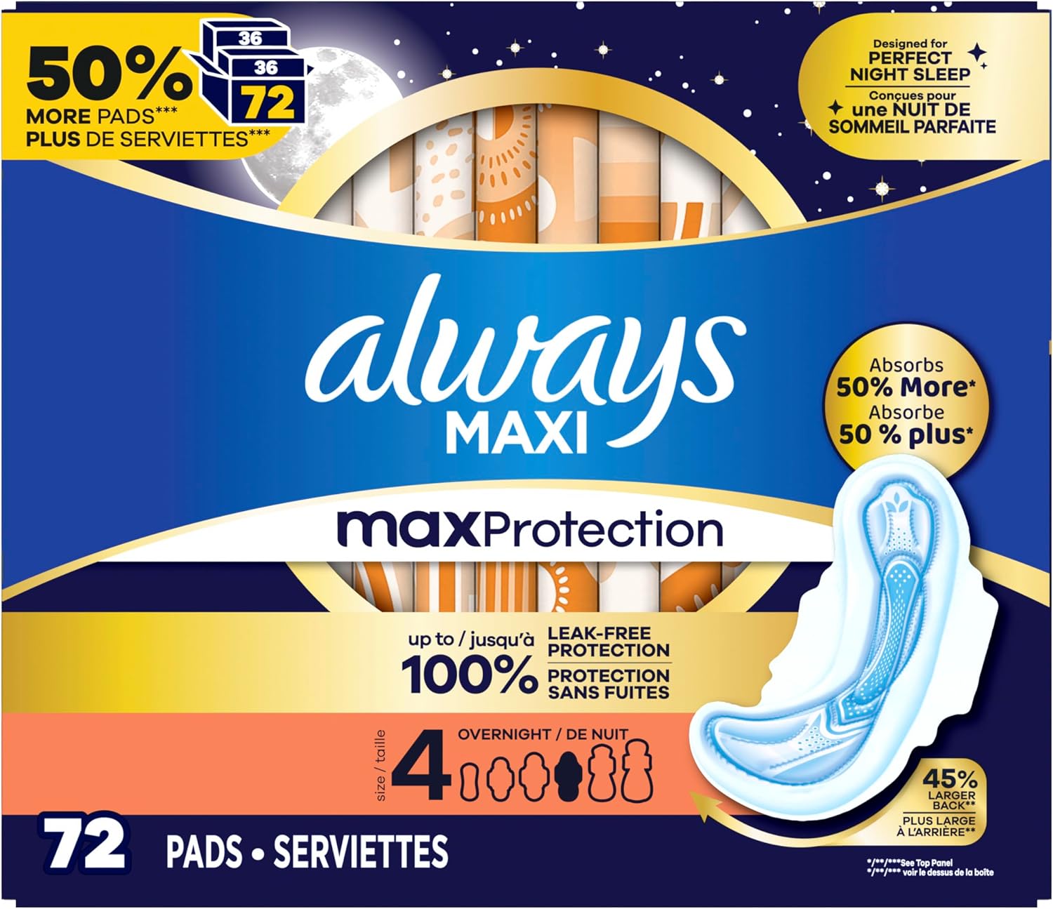 Always Maxi Overnight Feminine Pads with Wings for Women, Size 4, Overnight Absorbency, Unscented, Up to 100% Leak-Free Protection, 48 Count