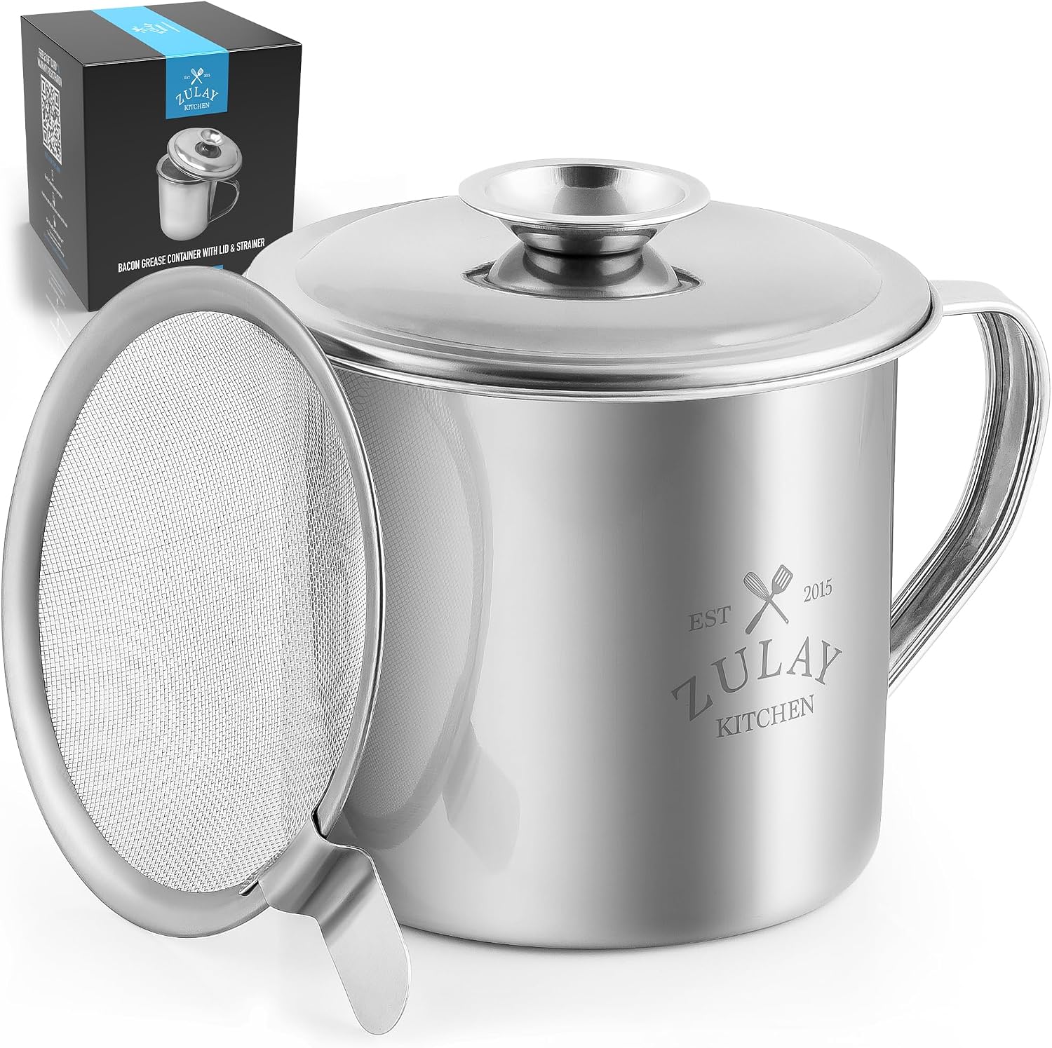 Zulay Bacon Grease Container With Strainer, Lid & Handle -Large, 1L Stainless Steel - Perfect For Kitchen, Storing Ghee, Fats & Frying/Cooking Oils