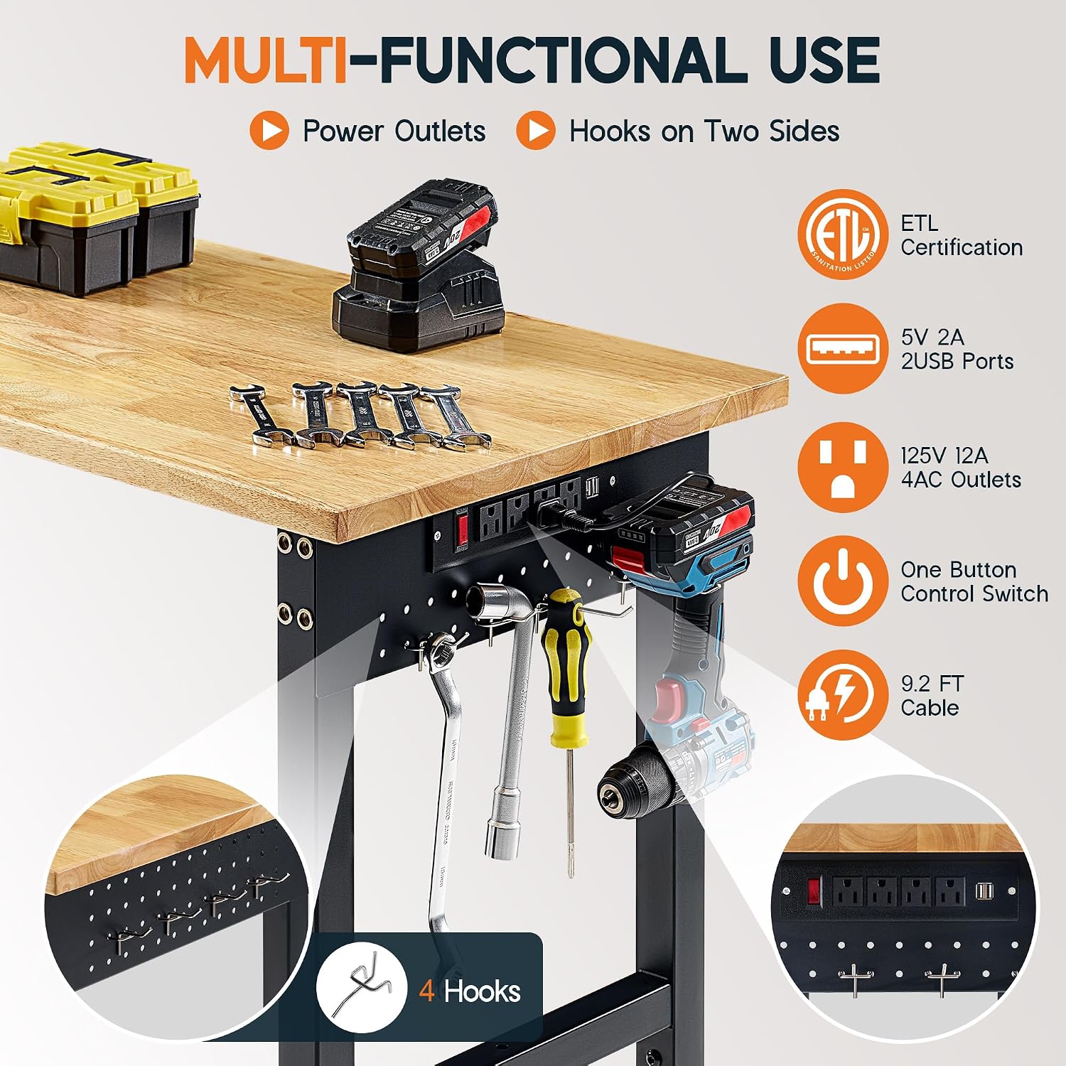 Albott 44 x 20-Inch Adjustable Workbench | 2000 Lbs Capacity, Solid Rubber Wood Top, Power Outlets and Hooks, for Garage, Workshop and Home Office, Black