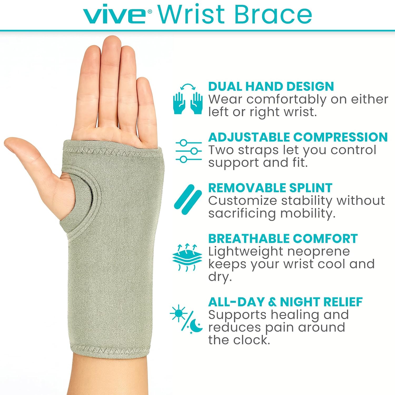 Vive Wrist Brace - Carpal Tunnel Hand Compression Support Wrap for Men | Women, Tendinitis, Bowling, Sports Injuries Pain Relief - Removable Splint - Universal Ergonomic Fit (Black, Right)