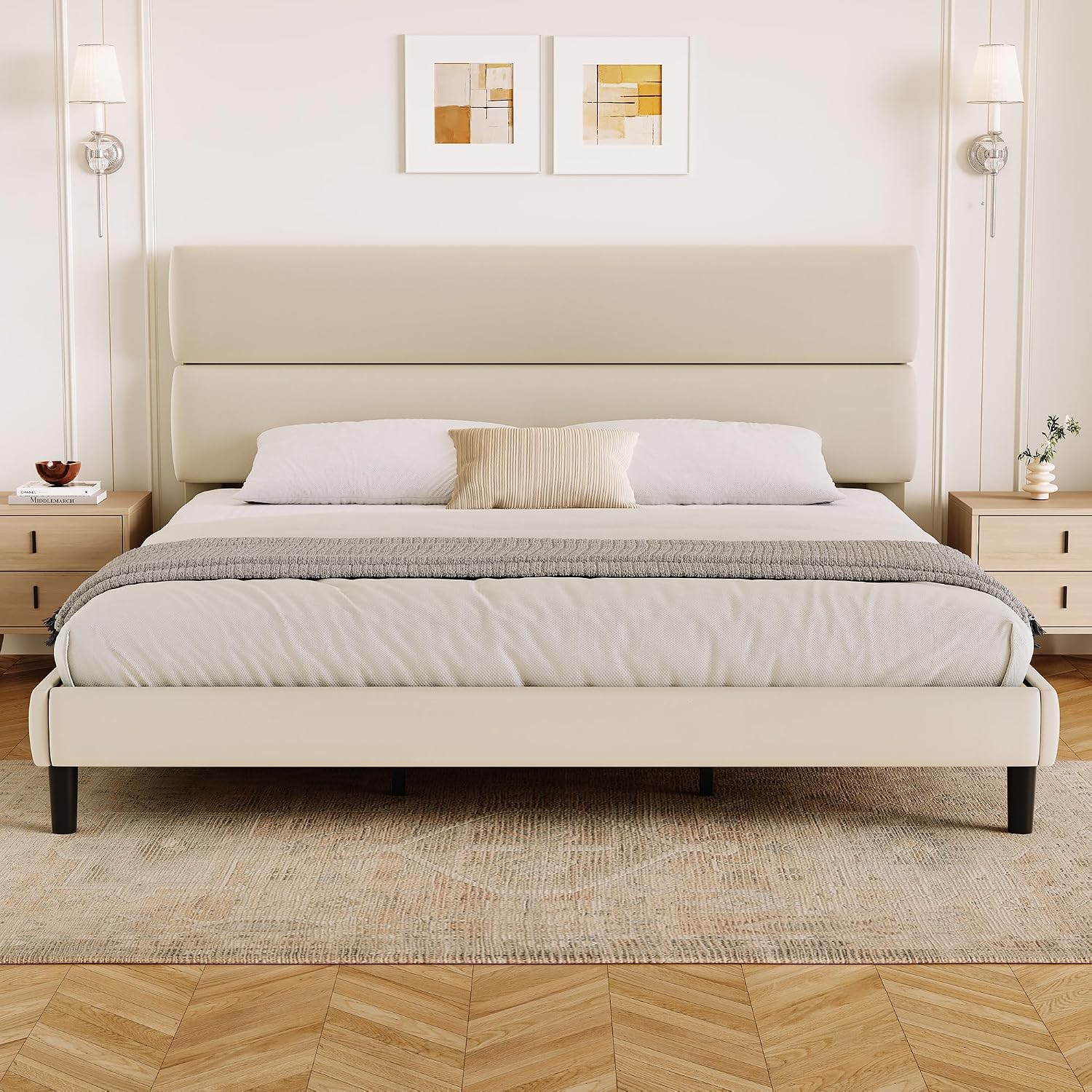 GRUSIGN Queen Size Platform Bed Frame with Velvet Headboard, Adjustable Height Wooden Slats Support, Upholstered Mattress Foundation, Fits Mattress or Mattress with Box Spring, Easy Assembly, Beige