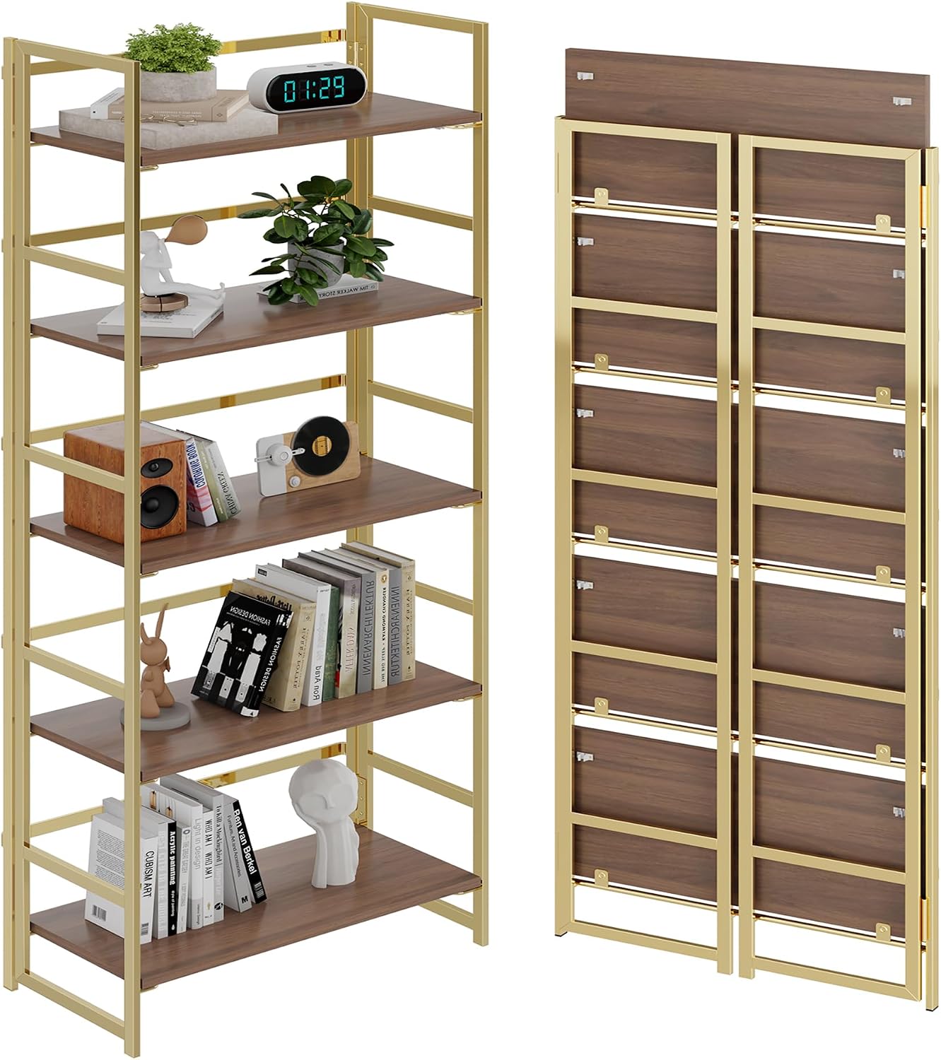 Vintage Multifunctional Folding Bookshelf, No-Assembly Plant Stand Storage Rack Shelves for Home Office (Fire, 5-Tier)