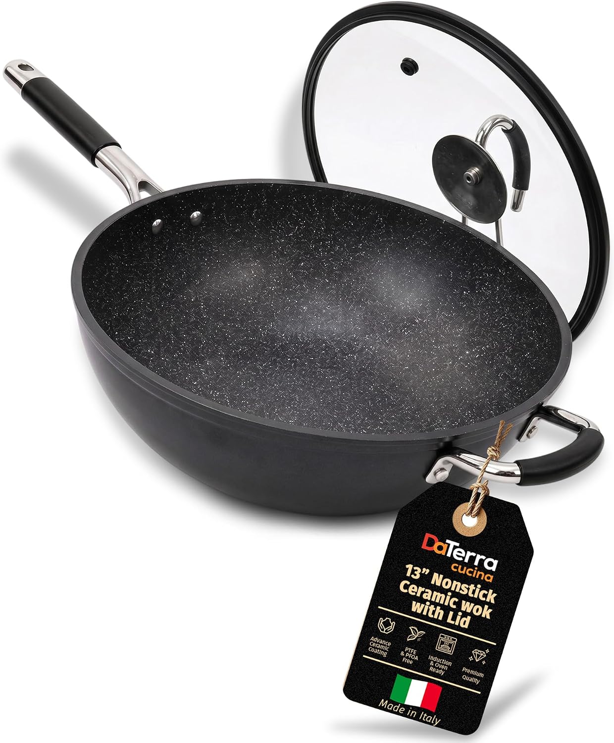 DaTerra Cucina - Nonstick Ceramic Wok with Lid - Oven & Induction Safe, 13"