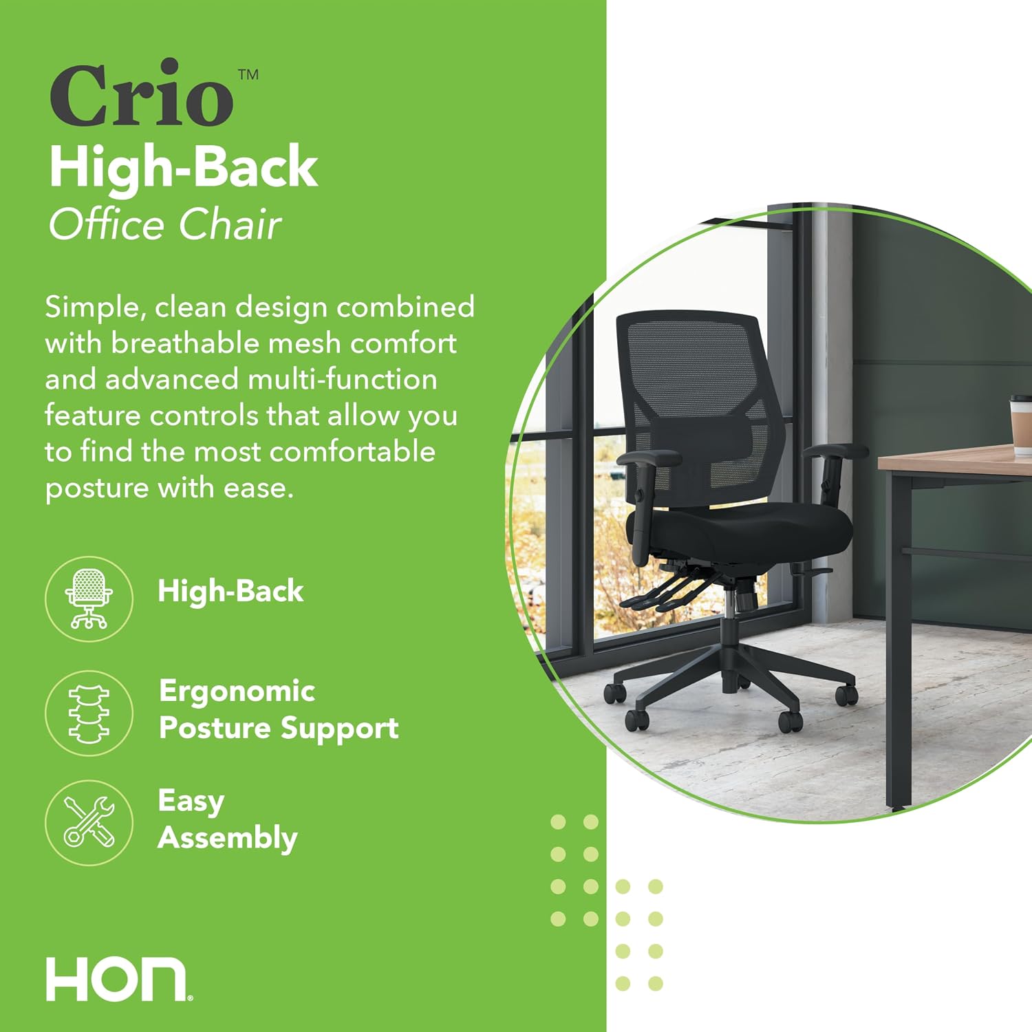 HON Crio Big and Tall Ergonomic Office Chair, Heavy Duty Desk Chair, Black | Big and tall ergonomic office desk chair for desk work, lumbar support, adjustable arms, mesh comfort, 450 lb capacity