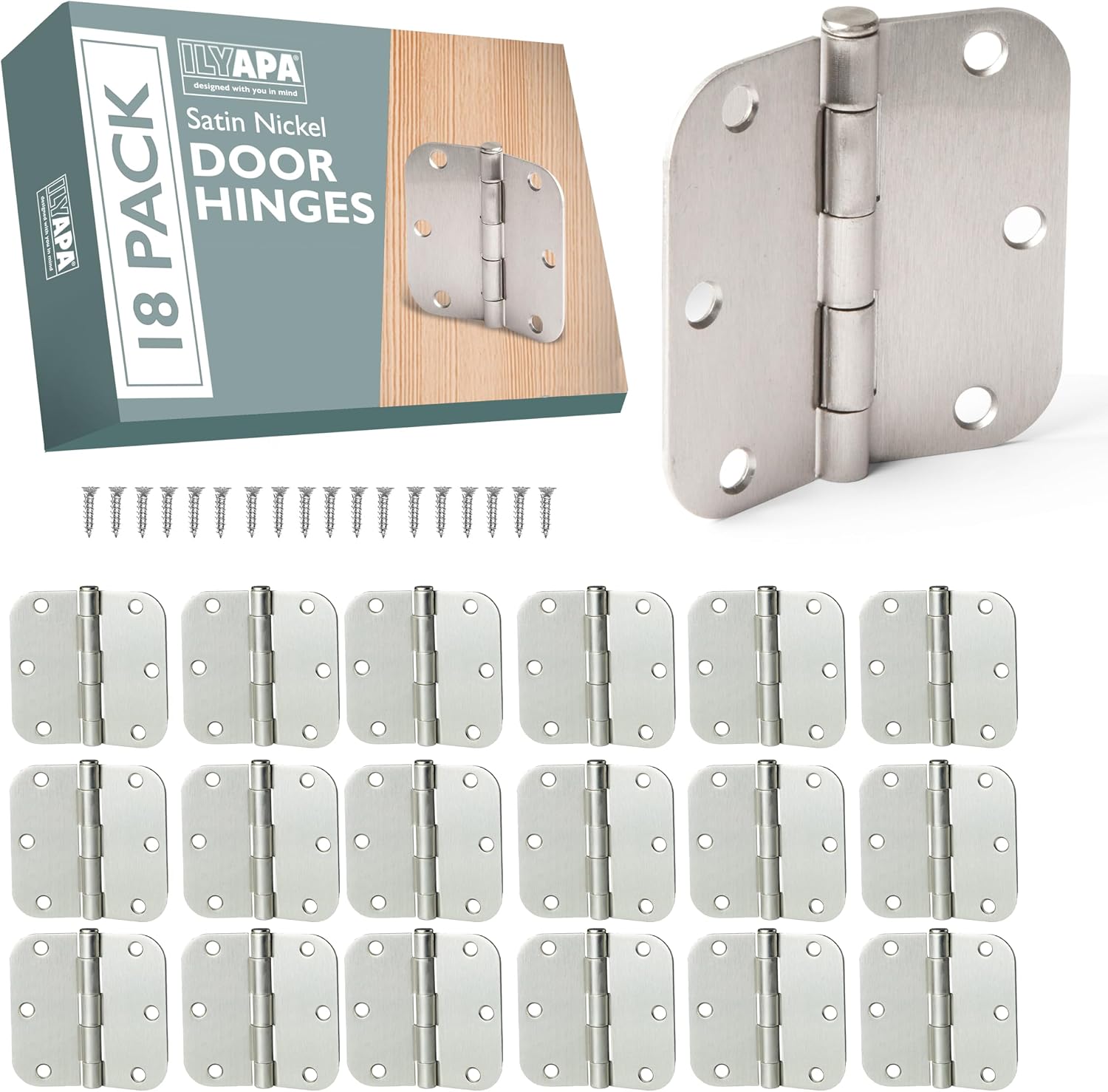 Ilyapa Door Hinges, 3.5x3.5 Inch - Satin Nickel, 18 Pack, Includes Mounting | 5/8 Inch Radius Corners, For Standard Interior Doors, Satin Nickel Finish, Screws