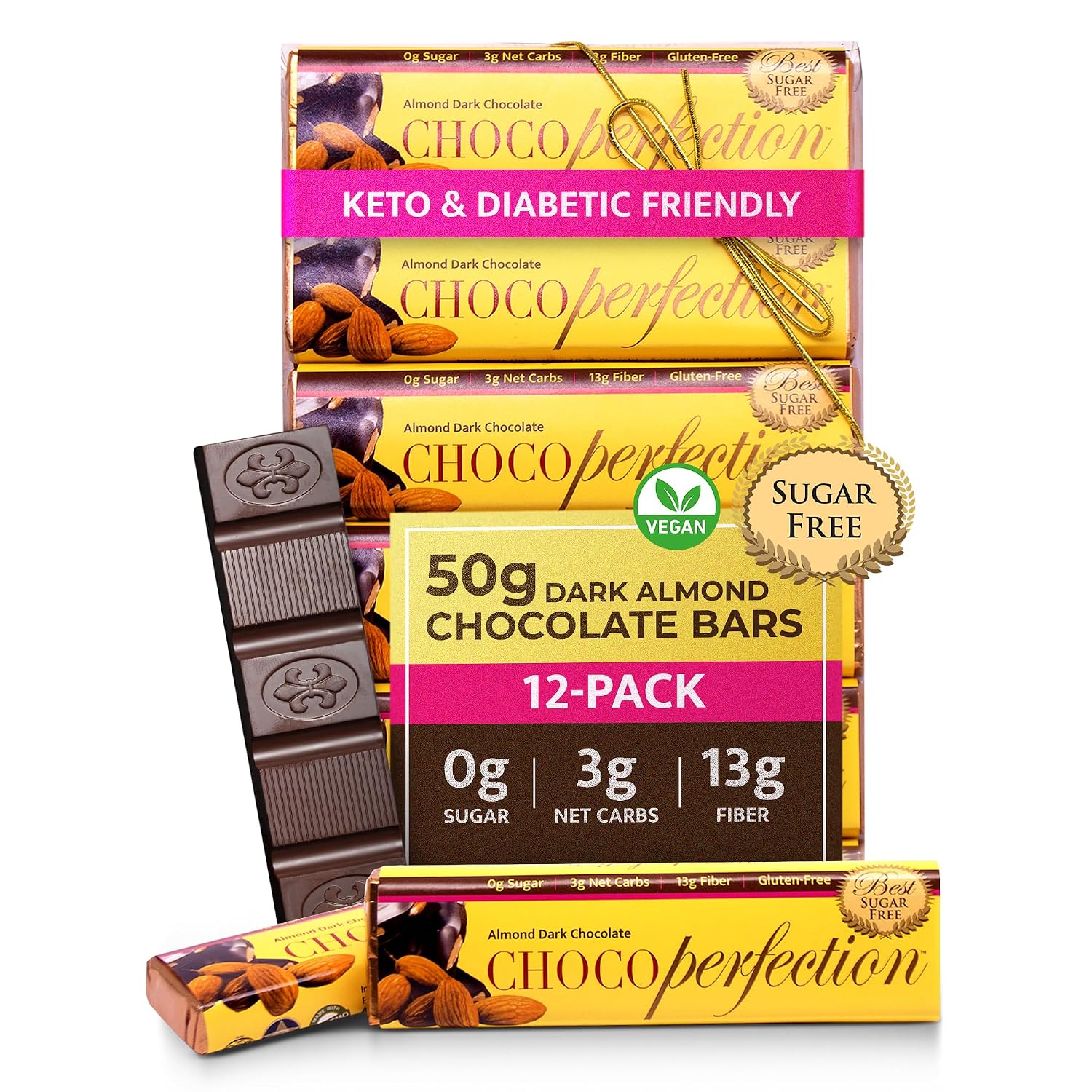 ChocoPerfection Zero Sugar Dark Almond Chocolate - Keto Bars 12 Pack 50G