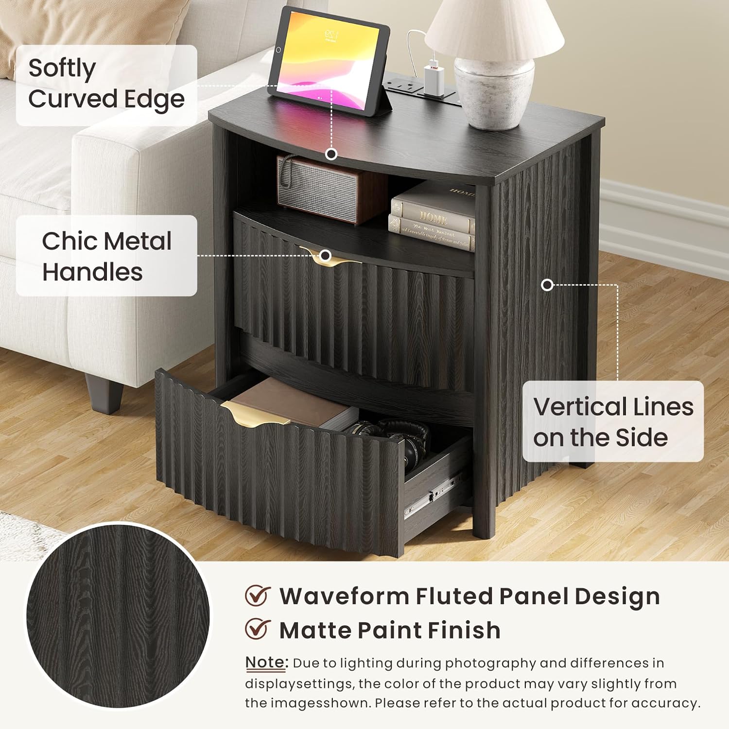Dystler Fluted LED Night Stand with Hidden Gun Drawer & Charging | 19.7" W Curved Smart Bedside Table, 3-Color LED lights, 2 Drawers, Nightstand with Card-Lock, End Table for Bedroom, Walnut