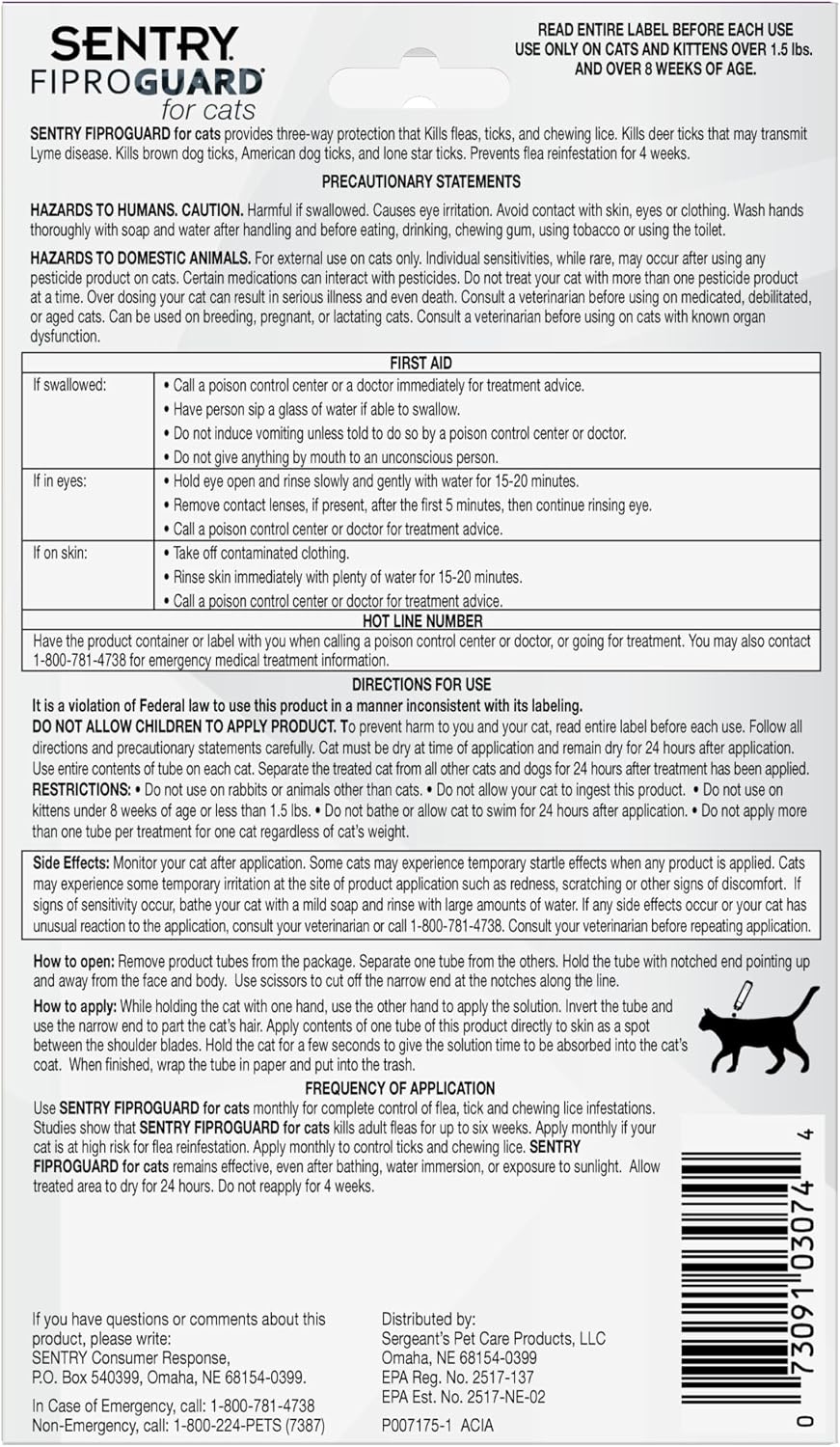 Sentry Fiproguard for Cats, Flea and Tick Prevention for Cats (1.5 Pounds and Over)