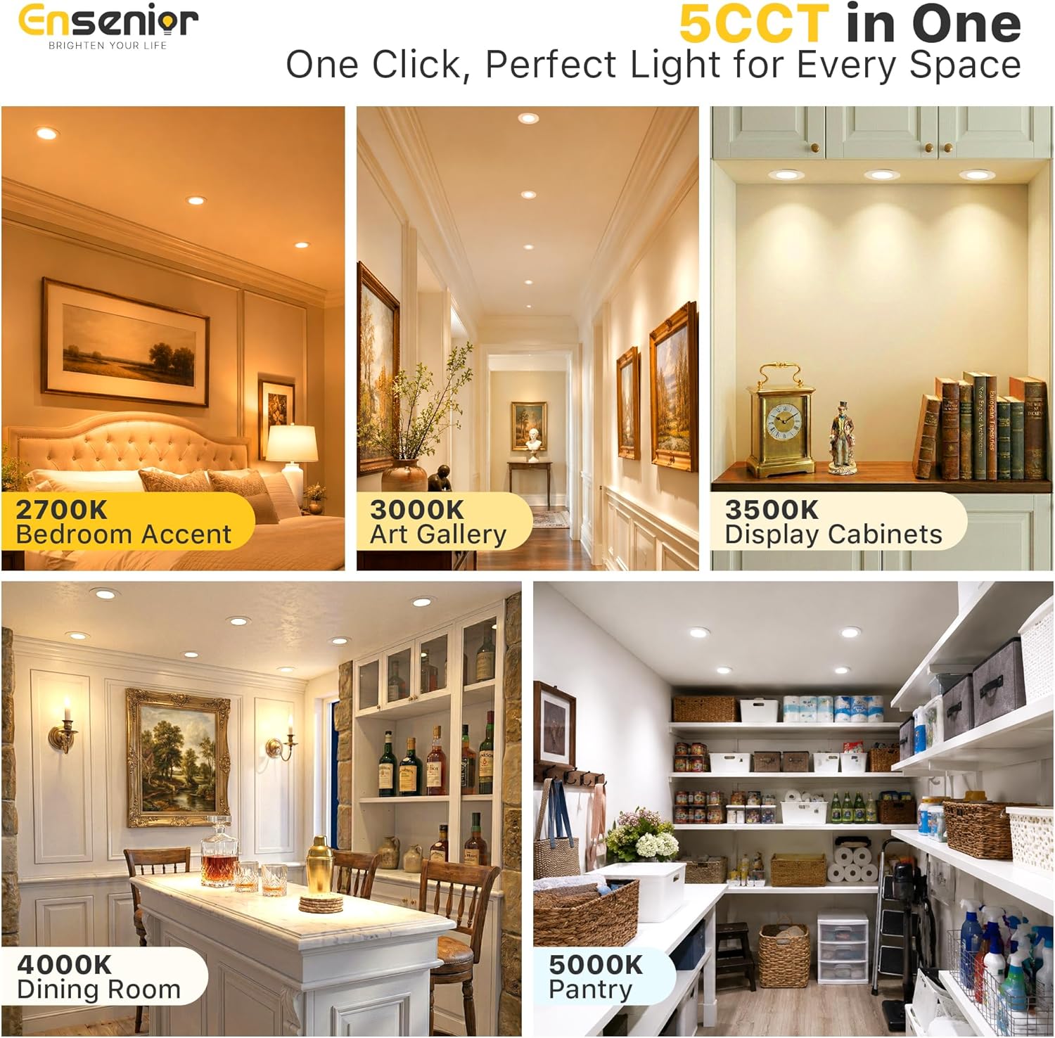 Ensenior 6 Pack 6 Inch LED Recessed Light, 5CCT Dimmable Canless Wafer