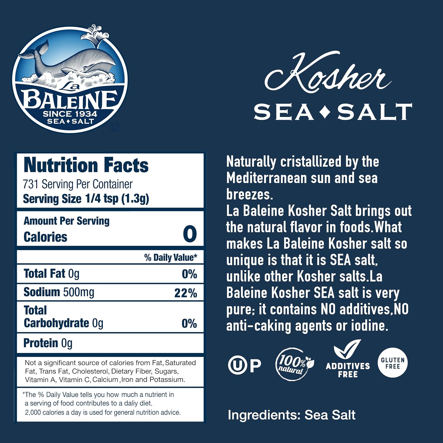 La Baleine Fine Sea Salt, Mediterranean Sea Salt, Shaker Bottle, Product of France, 4.4 Oz