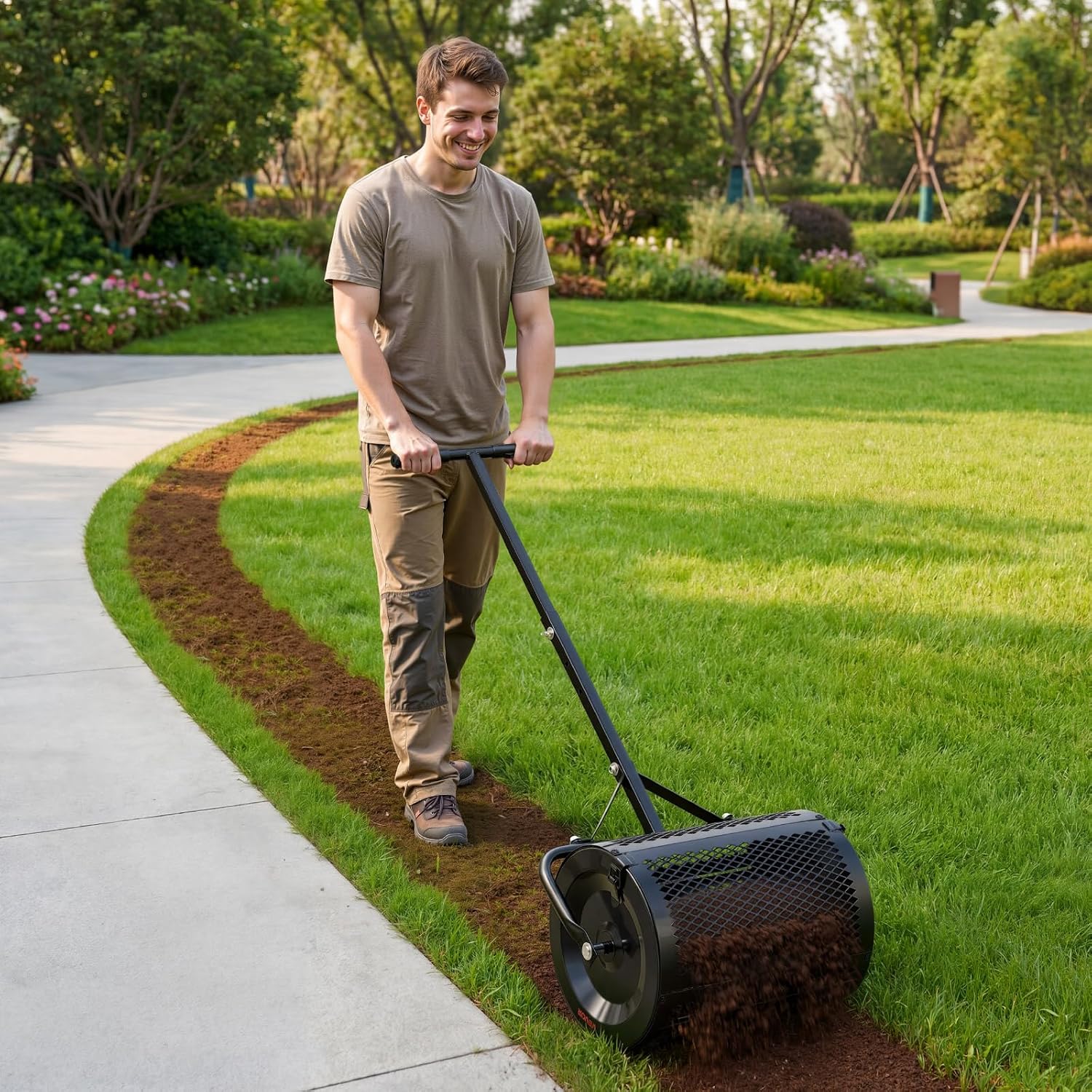 VEVOR Compost Spreader, 36" Wide Peat Moss Spreader with Push/Tow Handle, 4 Heights Adjustable, Powder-Coated Steel Garden Peat Moss Roller, Heavy Duty Grass Seed Roller for Planting Seeding, Black