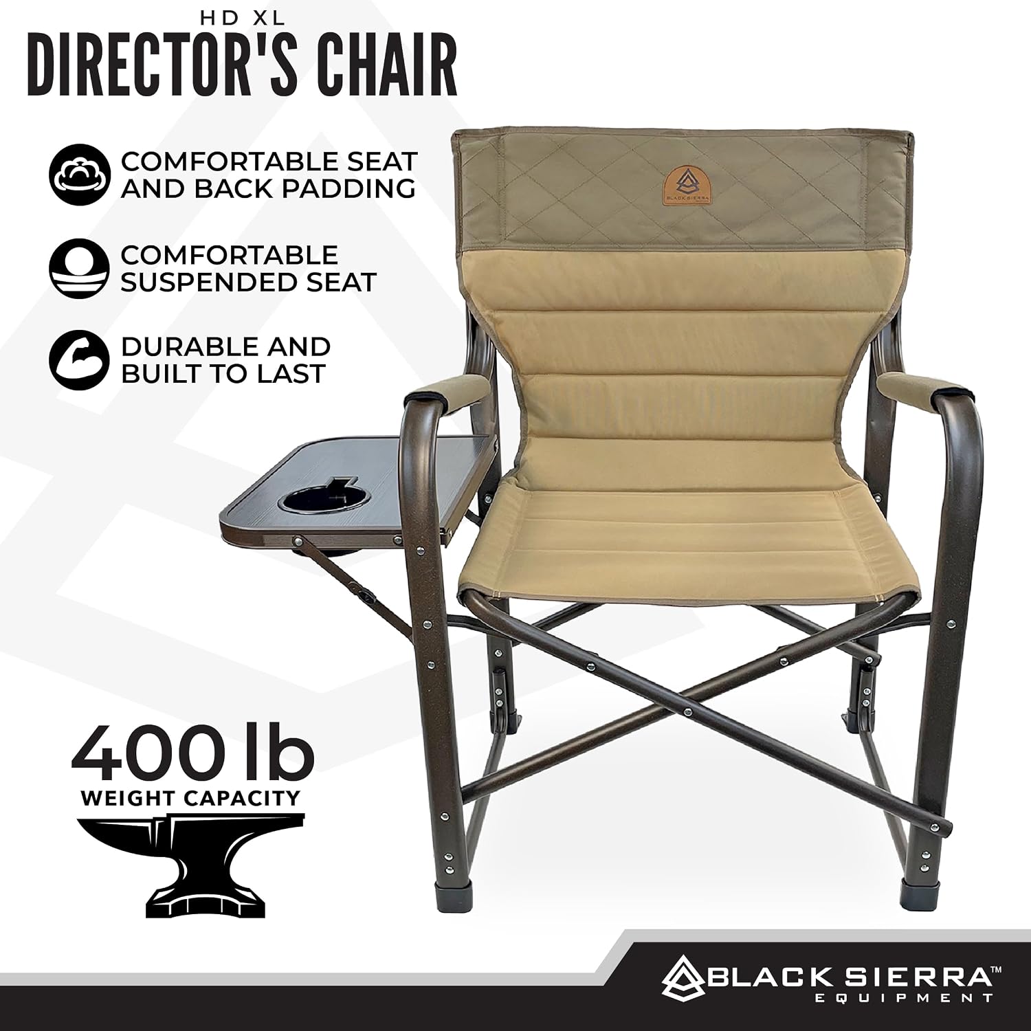 XL Directors Chair with Foldable Side Table, Heavy Duty Camp Chair supports 400 Lbs