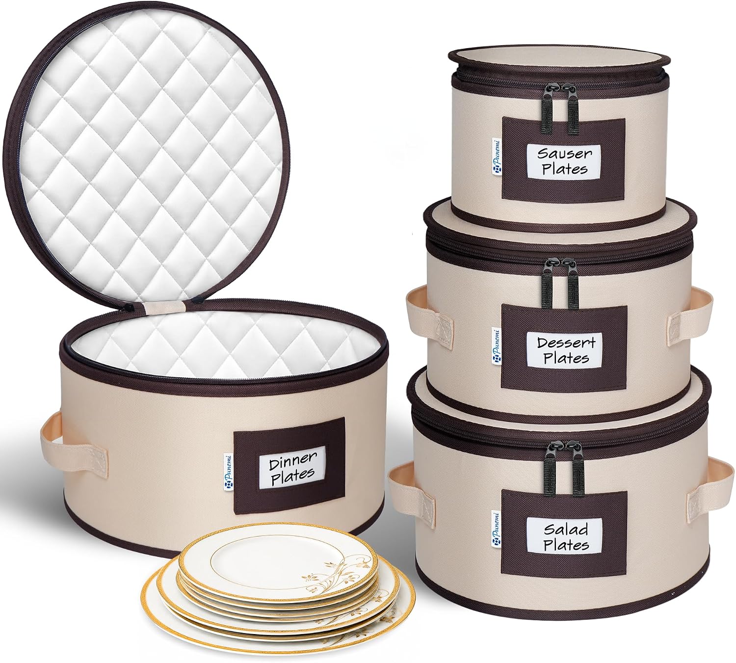 China Storage Containers, 4-Pack Hard Shell Plate & Dish Cases for Moving | Padded dividers and quilted lining protect plates and dishes; stackable for moving and holiday storage, beige hold set of 12