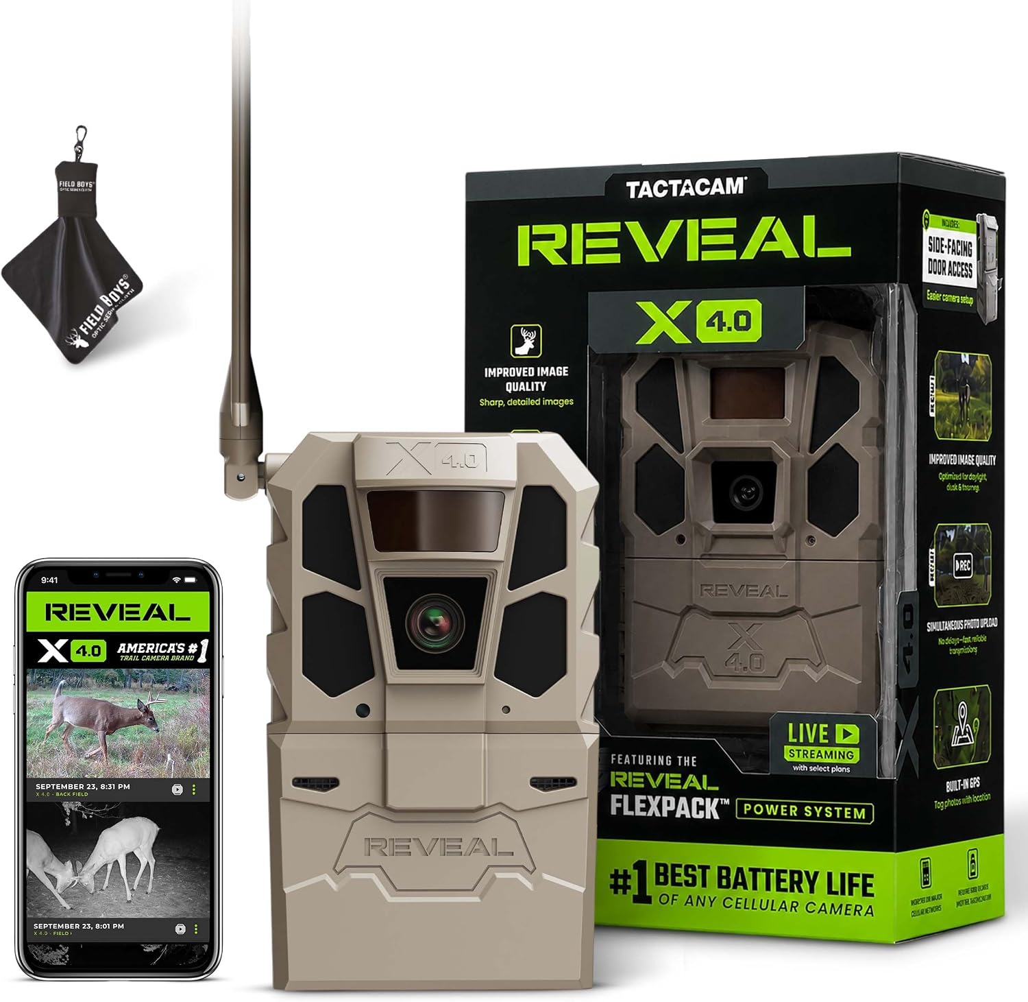 TACTACAM Reveal X 4.0 Cellular Trail Camera + Microfiber Cleaning Cloth | Night Vision, 4K Photo & 1080p Video, Industry-Best Battery Life