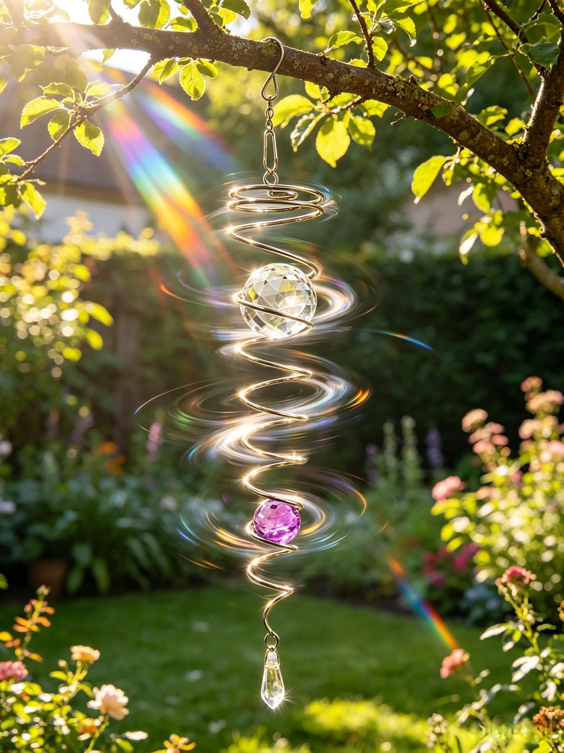Gazing Ball Spiral Tail Wind Spinner Stabilizer，Stress Ball Indoor Outdoor Decoration Stainless Steel Glass Ball with Hanging Swivel Hook 13"