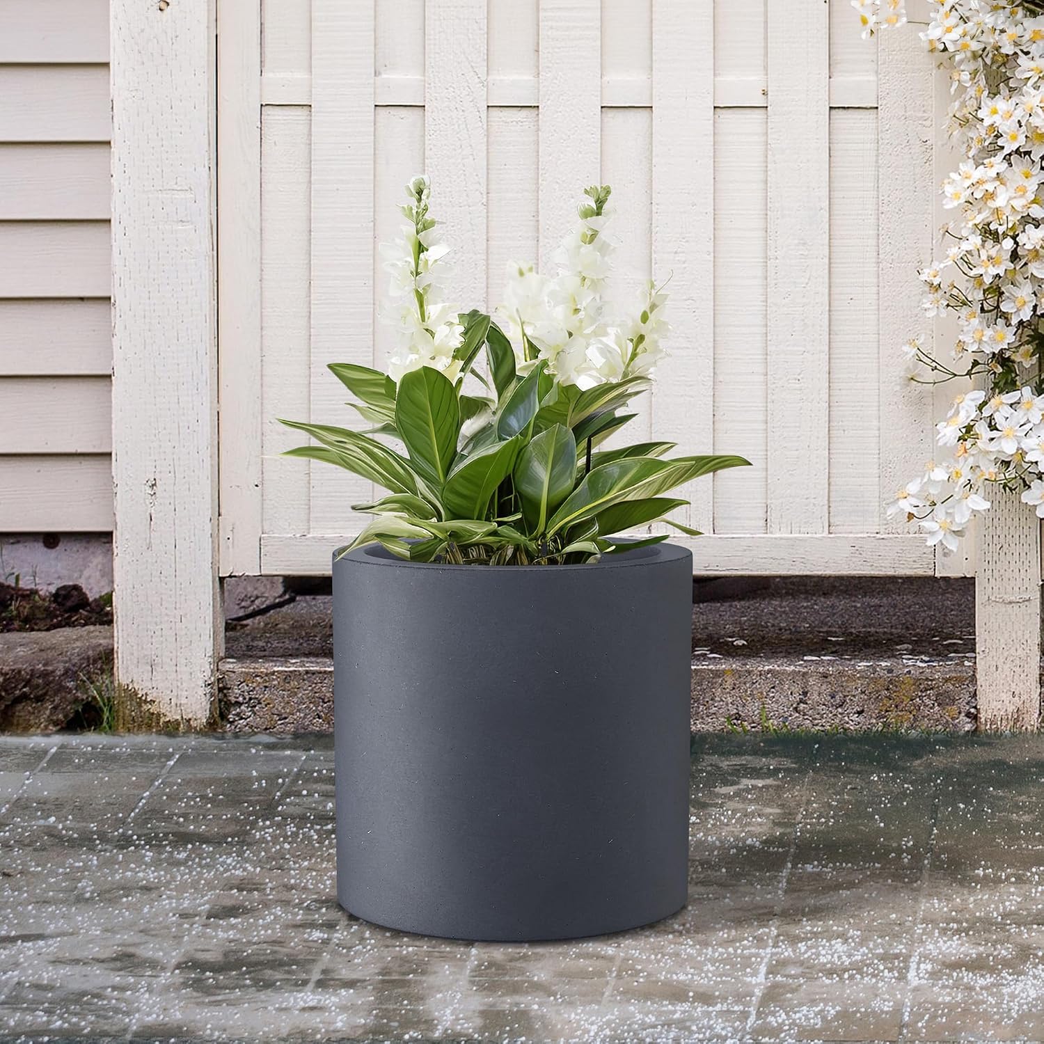 Kante Large Round Cylinder Charcoal Concrete Planter 15.8" Tall, Outdoor