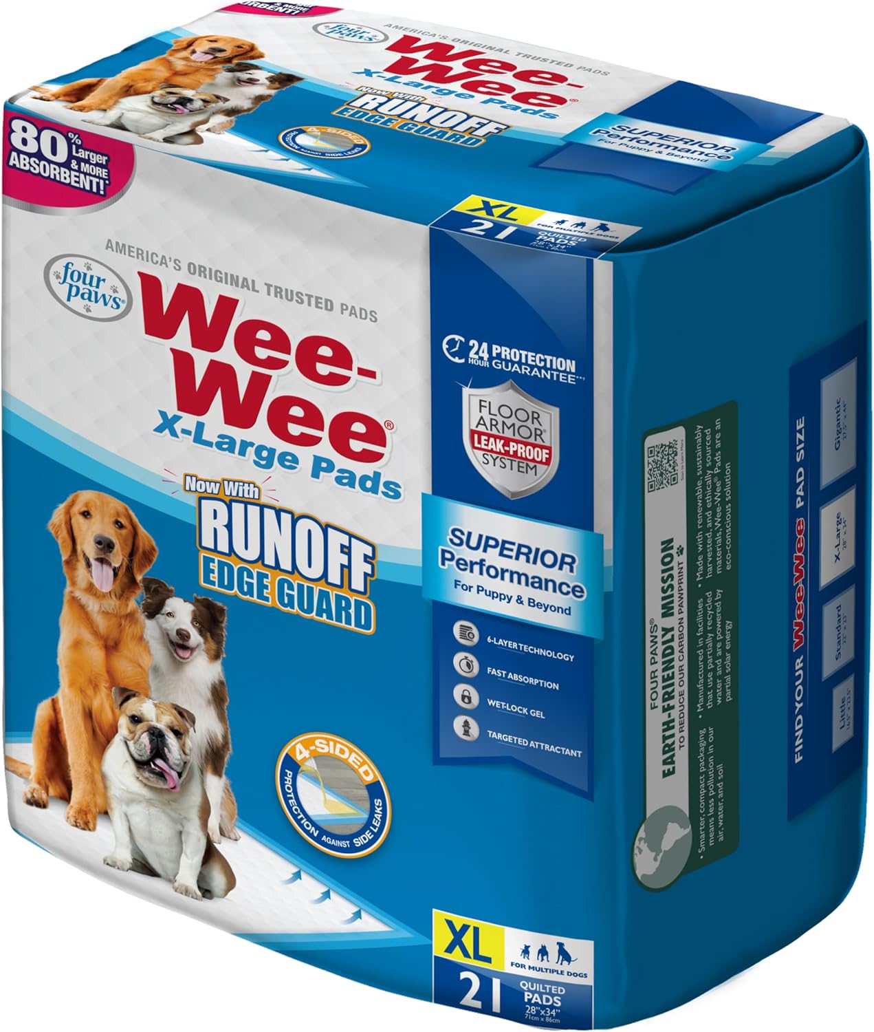 Four Paws Wee-Wee Superior Performance X-Large Dog Pee Pads, 40 Count | Puppy & dog potty training pads, housebreaking supplies, xl puppy pads, pet supplies, 24-hour floor protection, 28" x 34"